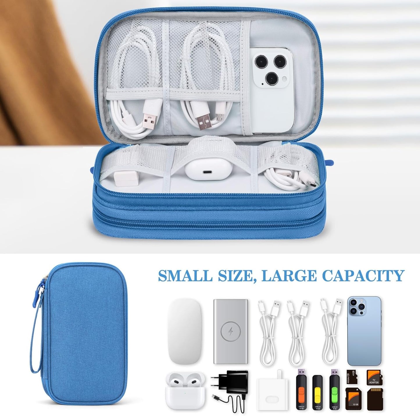 FYY Electronic Organizer, Travel Cable Organizer Bag Pouch Electronic Accessories Carry Case Portable Waterproof Double Layers Storage Bag for Cable, Cord, Charger, Phone, Earphone, Medium Size, Cyan