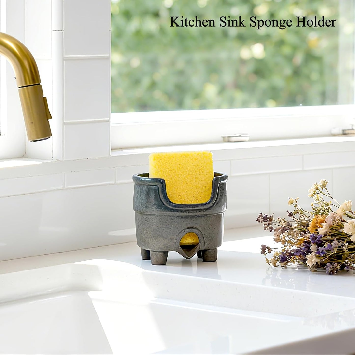 Ceramic Sponge Holder with Drainage, Farmhouse Sink Caddy Organizer, Self Draining Design for Sponges,Soap,Brushes, Compact Rustic Kitchen Accessory, Keeps Counter Dry(Country Blue)
