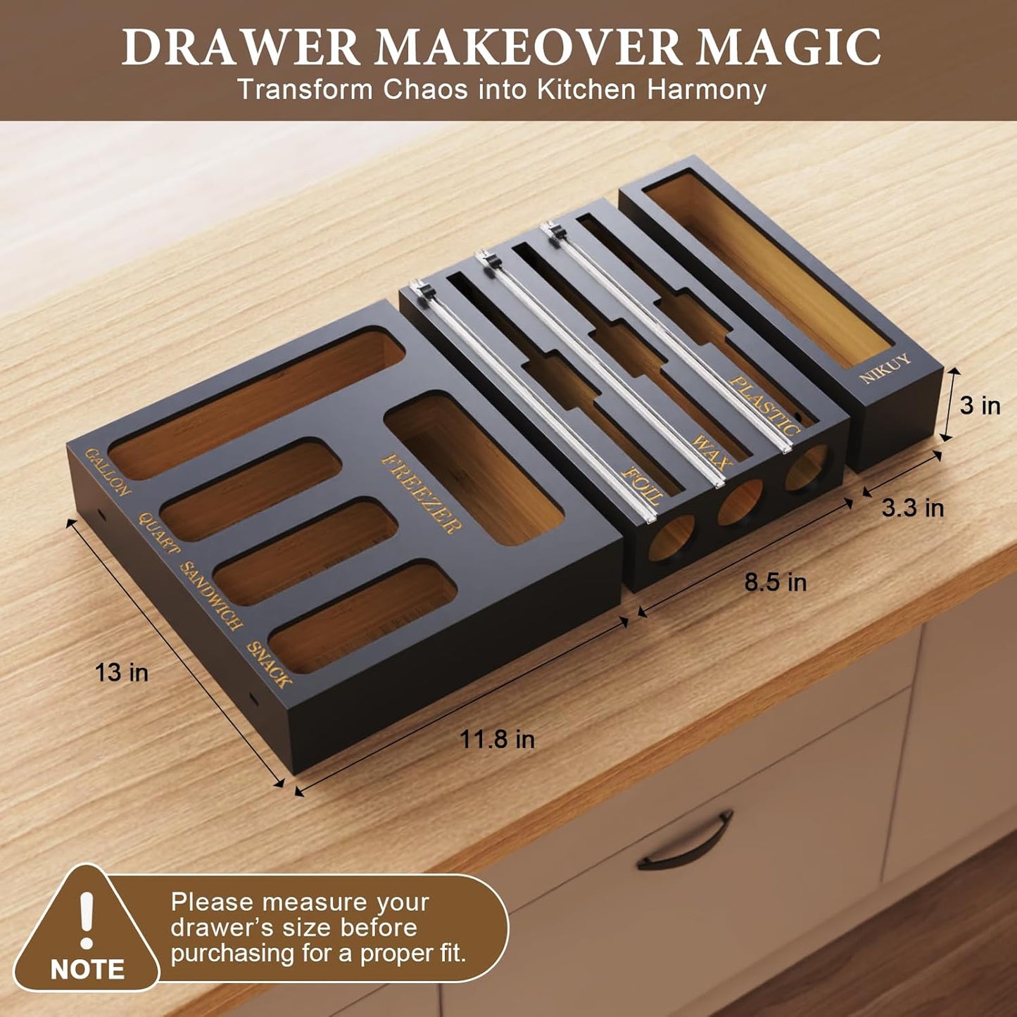 9 IN 1 Bamboo Foil and Plastic Wrap Organizer for Kitchen Drawer, Plastic Bag Organizer Organization and Storage, Food Storage Bag Organizer (BLACK)
