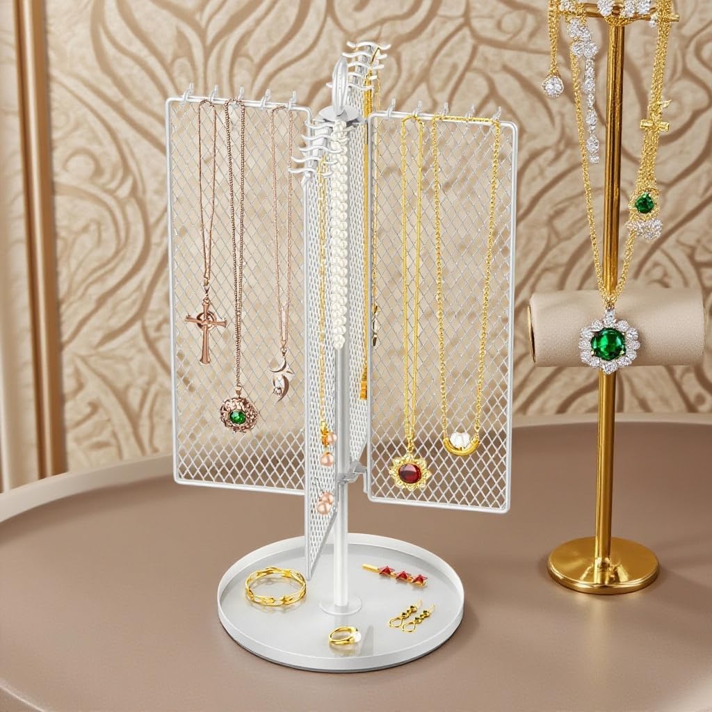 Rotating Necklace Holder Organizer, Necklace Storage Jewelry Stand, Metal Jewelry Stand with 40 Hooks for Necklace Earring Ring Bracelet Display Stand, Women Gifts - White