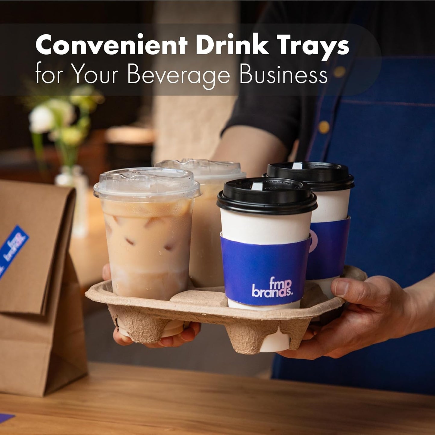FMP Brands 4 Cup Disposable Drink Carrier Trays, 45 Pack Compostable Pulp Fiber Cup Holder for 8-32 oz Cup, Durable to Go Coffee Cup Holders for Delivery Service, Uber Eats