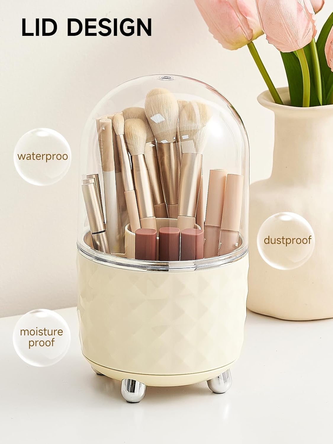 Makeup Brush Holder with Dustproof Lid, 360 Rotating Makeup Brush Organizer, Brushes Cup for Cosmetics, Nail Polish, Bathroom Vanity