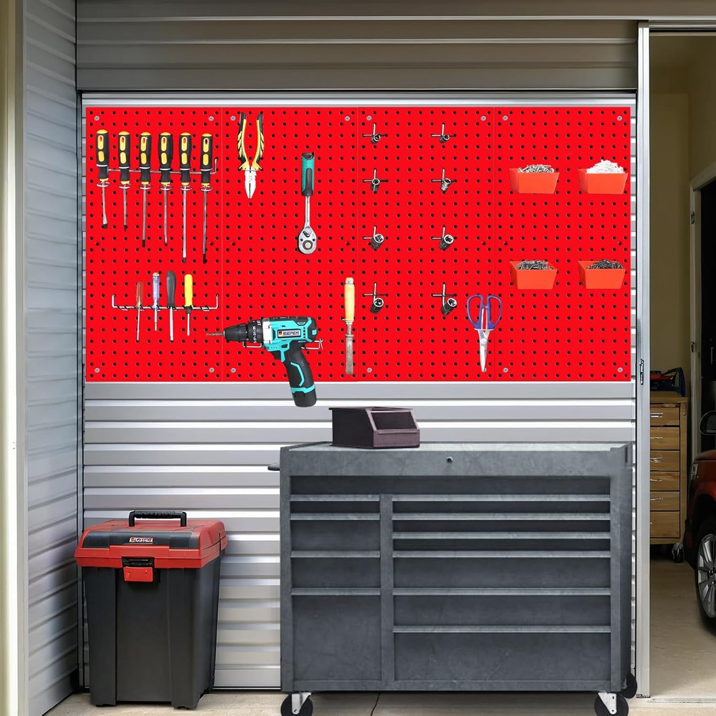 Peg Board,Pegboard Rack Garage Storage Steel Horizontal Peg Board Pack,Steel Pegboard Heavy Duty- 4 Pack 12-Inch X 24-Inch Metal Peg Board Tool Organization Panels (Red)