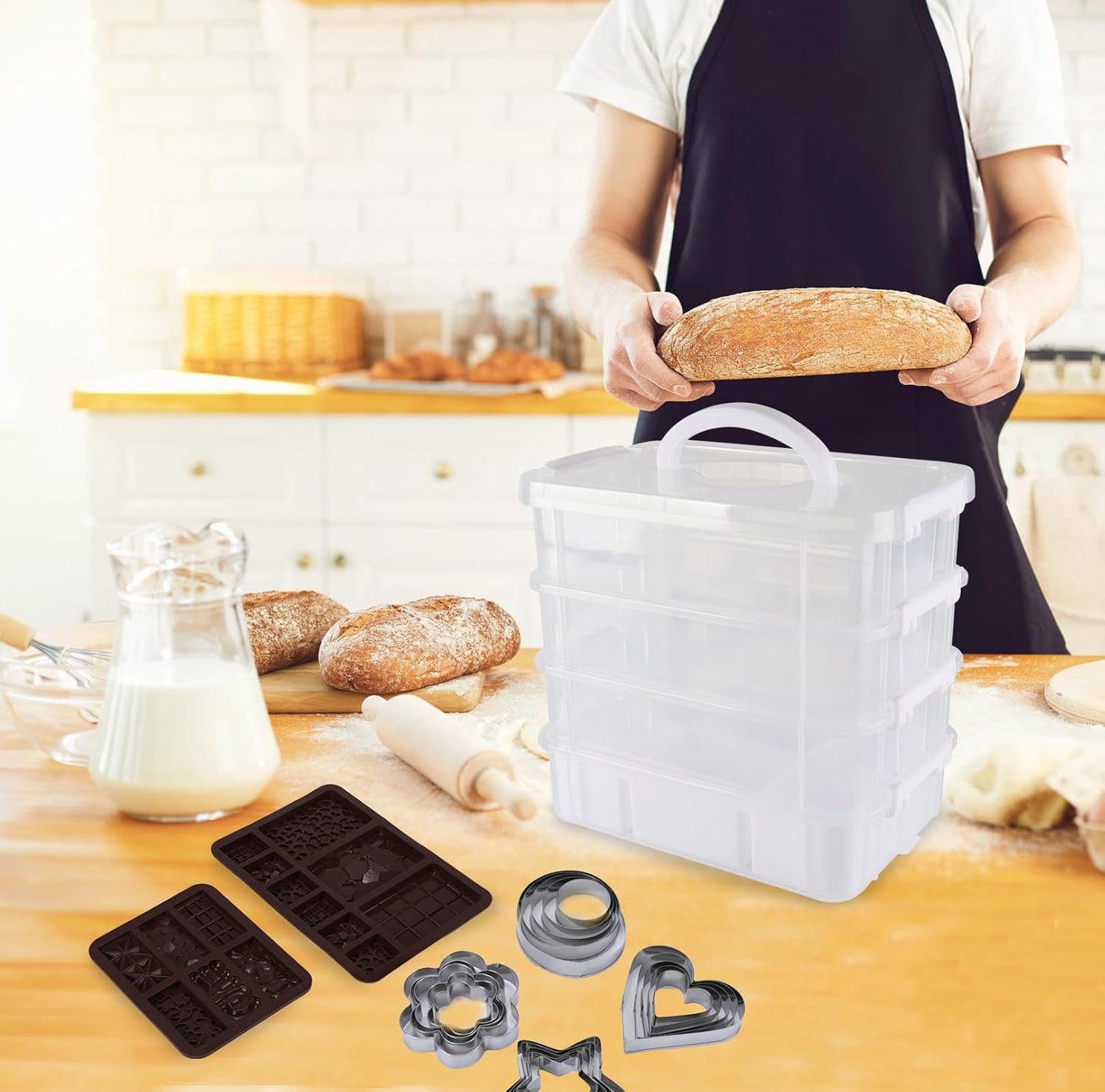 4 Pack of Cookie Cutter Storage with Chocolate Cookie Mold,Handheld Transparent Cookies Cutter Organizer Storage with a Sticker and a Pen,Cover To Prevent Dust,Can Be Used Alone or Hidden for Stacking