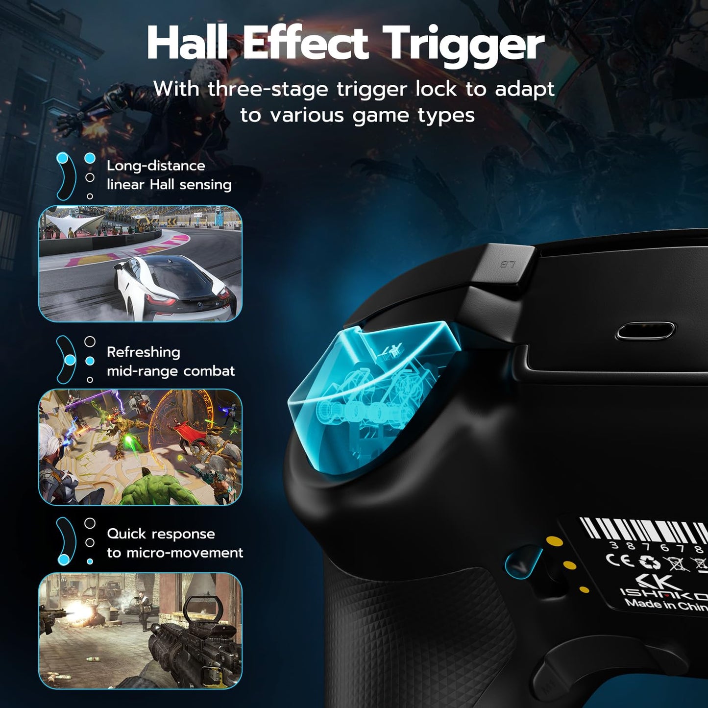 ISHAKO PC Gaming Controller - Wireless/Bluetooth Controller with 1200mAh Battery, 4-Back Buttons, Hall Effect Joysticks&Triggers, Work for Windows PC, Steam, Luna, Tesla, Mac, Android and Switch - Black