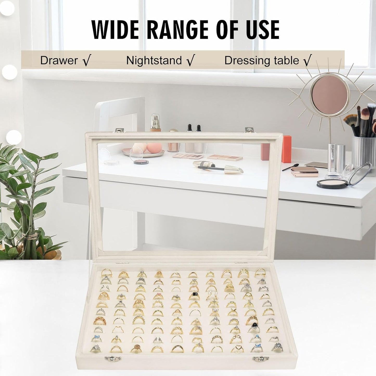 Velvet Ring Display Tray Organizer Box with Transparent Lid, 100 Slot Ring Holder Showcase For Store Display Jewelry Show Home, Ring Organizer For Rings Earrings (Beige)