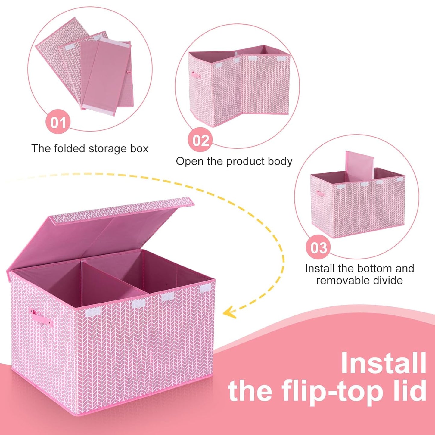 Mayniu Extra Large Toy Box Chest with Dividers, 120L Sturdy Toy Storage Organizer Bin Boxes Basket for Kids, Boys, Girls, Living Room, Nursery, Bedroom, Playroom (26"x17" x17", Pink)