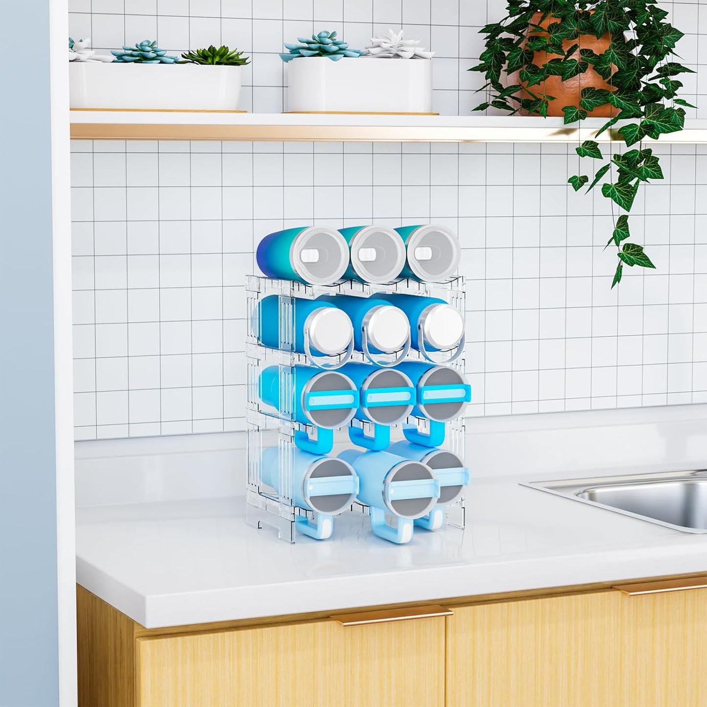 Yieach Stackable Water Bottle Organizer for Cabinet Yeti or Stanley Storage Organizers - Larger Compartment for 40 oz Stanley Cup Holder and Other Tumbler Organizers,Waterbottle Rack for Pantry,4 Tier