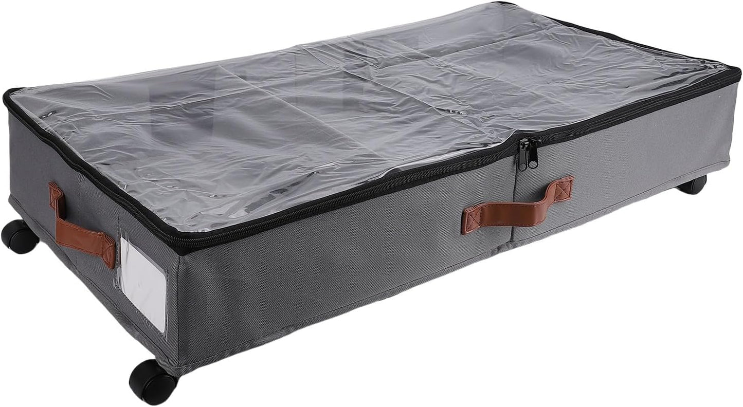 JTLB 2PCS Under Bed Storage Bin with Wheels Oxford Cloth Rolling Underbed Storage Container with Clear PVC Lid for Clothes Shoes Toys (Grey)