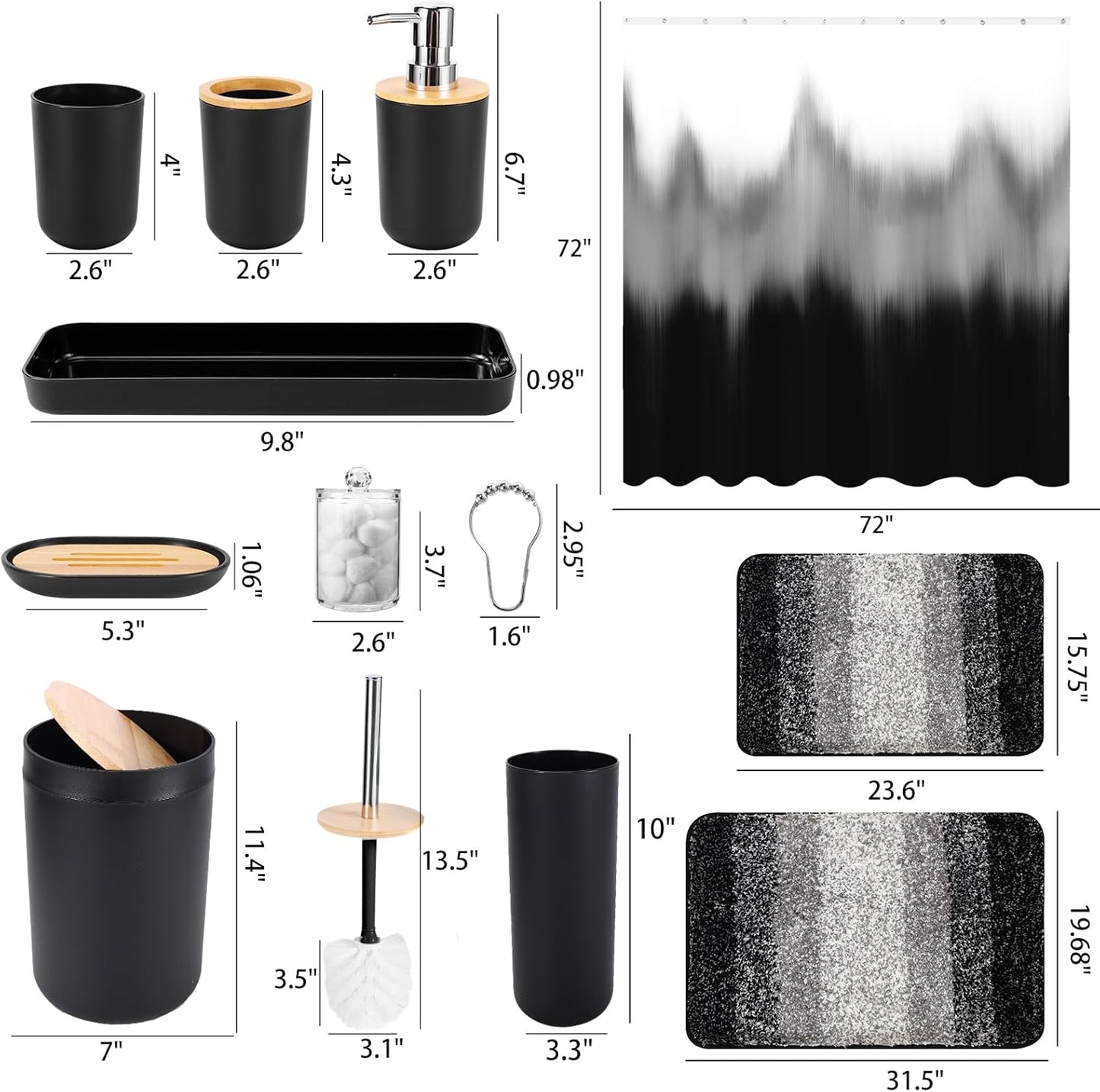 iMucci Bathroom Accessories Black Bathroom Sets with Shower Curtain and Rug, Black Ombre Waterproof Shower Curtain with Ultra Absorbent Rug Bathroom Accessories Set for Home Decor