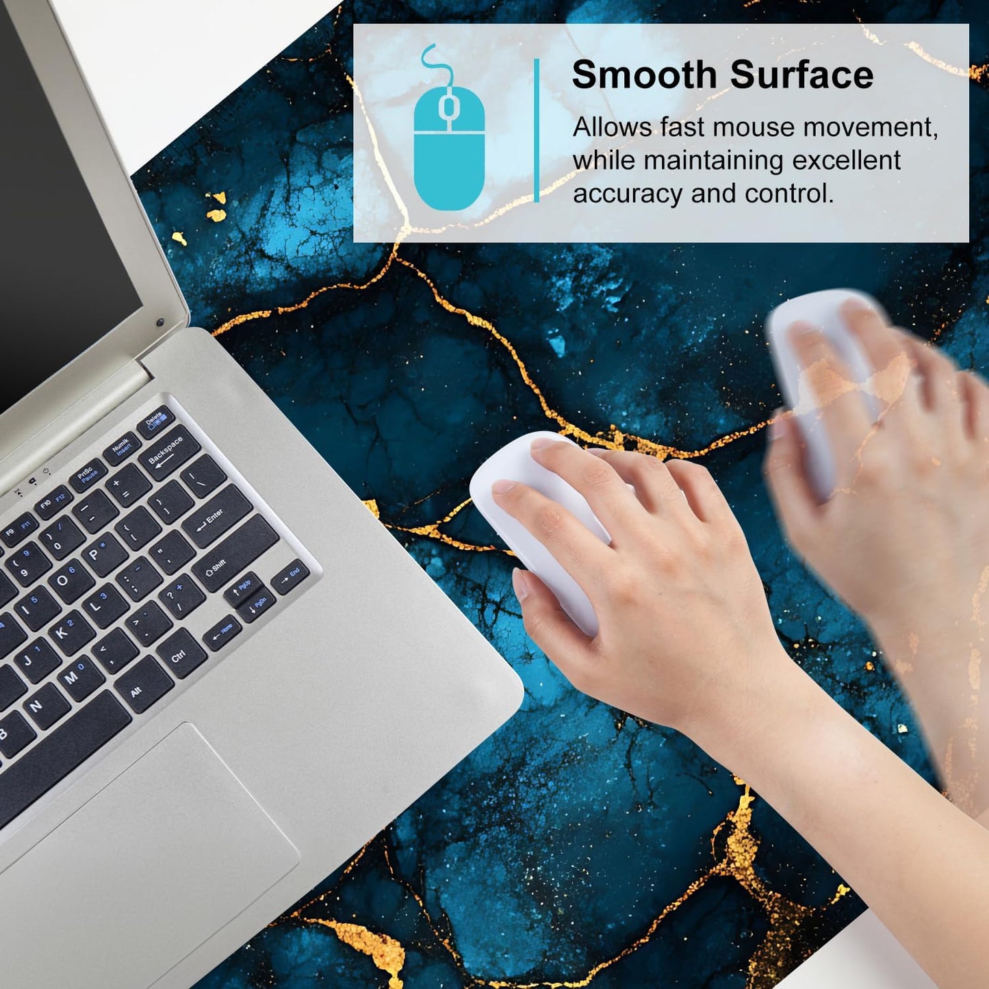 Blue Marble Gold Vein Mouse Pad – Large Extended Desk Mat 35.43 x 15.75 in – Elegant Navy Ink Texture with Metallic Cracks, Keyboard & Mouse Pad for Office & Gaming
