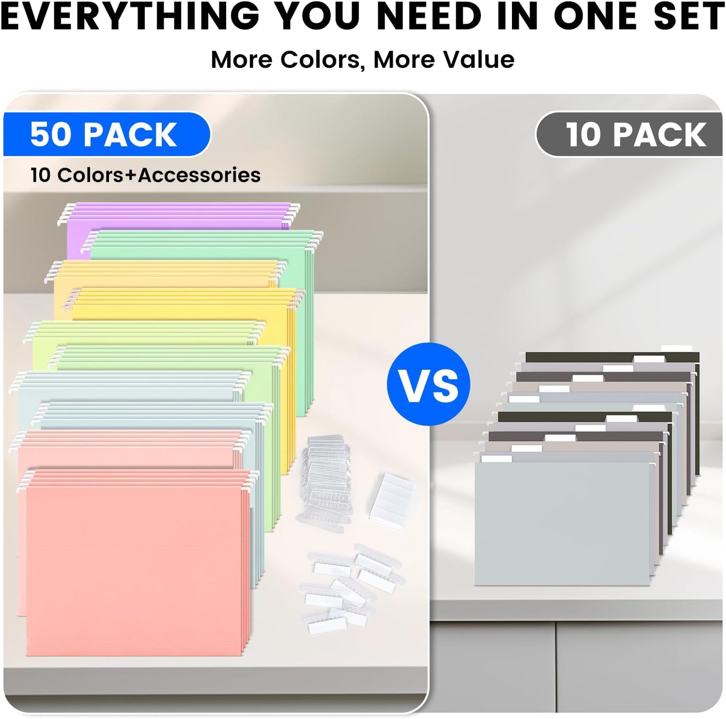 50-Pack Pastel Hanging File Folders, Letter Size with 55 Transparent Label Cards, 60 Sticker Labels,1/5-Cut Tabs–Home Office & Filing Cabinets