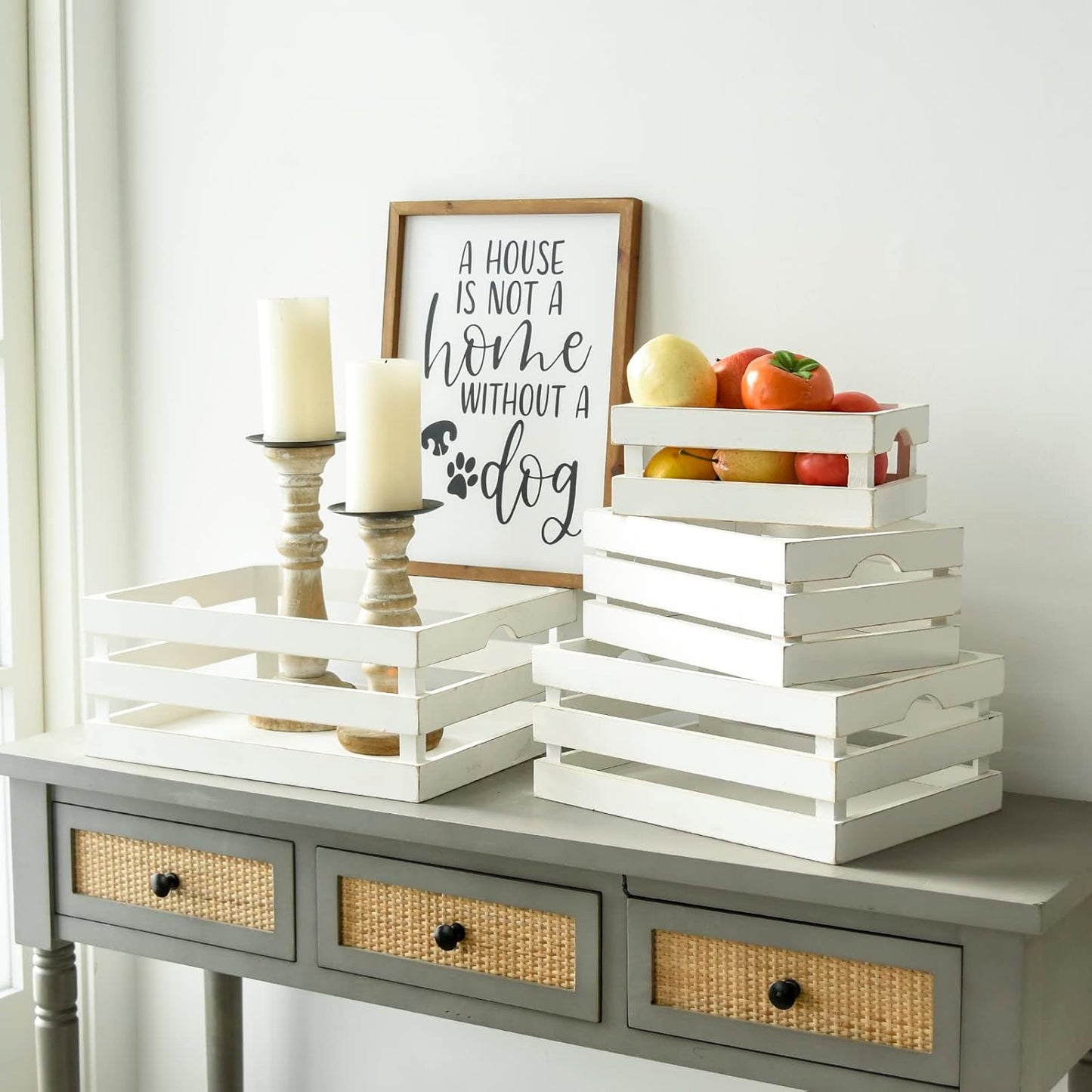 Set of 4 Large Wooden Crates Decorative, Whitewashed Nesting Wooden Crates for Display Rustic, Farmhouse Wooden Storage Container Boxes Made from 100% Wood