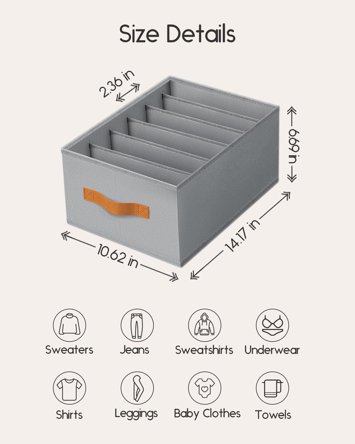 Closet Organizers and Storage - Fabric Clothes Organizer with Handles, Foldable Jeans Organizer for Clothes, Drawer Organizer for Shirts, Bra, Sweater, Scarf, 8 Pack, Grey