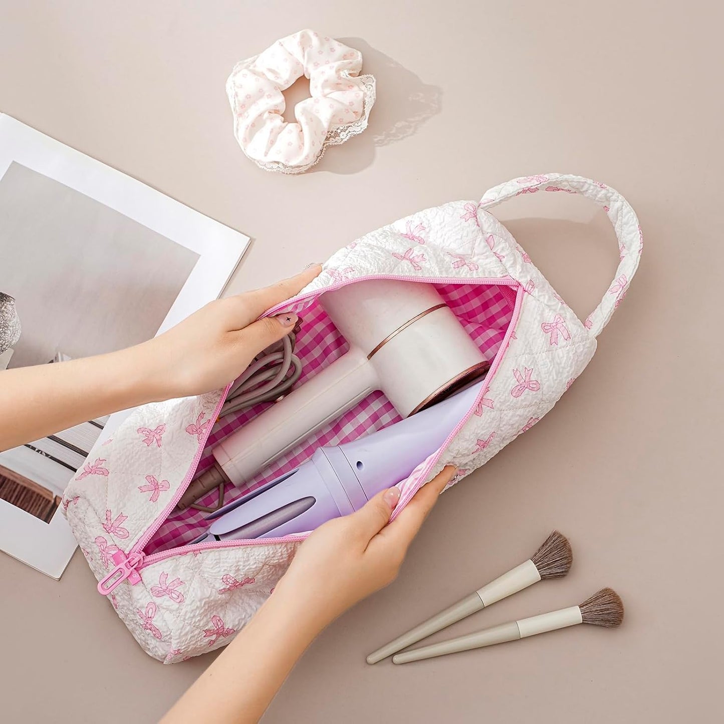 Quilted Hair Tools Travel Bag,Hair Styling Accessories Storage Case for Shark FlexStyle, Dyson Airwrap Hair Dryer, Curling Iron, Revlon Hair Tools,Portable and foldable(01Pink Bow)