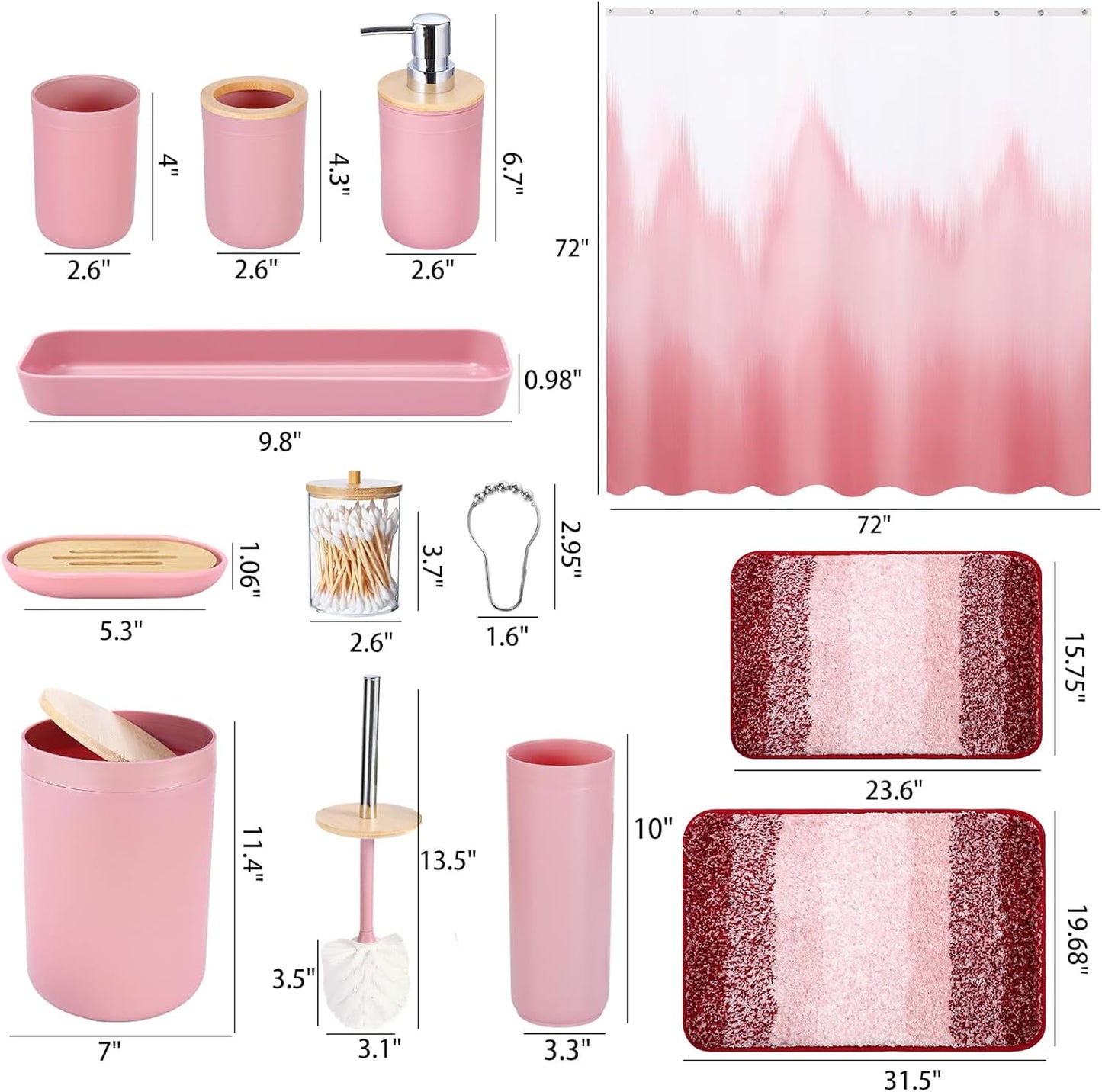 iMucci Bathroom Accessories Pink Bathroom Sets with Shower Curtain and Rug, Pink Ombre Waterproof Shower Curtain with Ultra Absorbent Rug Bathroom Accessories Set for Home Decor