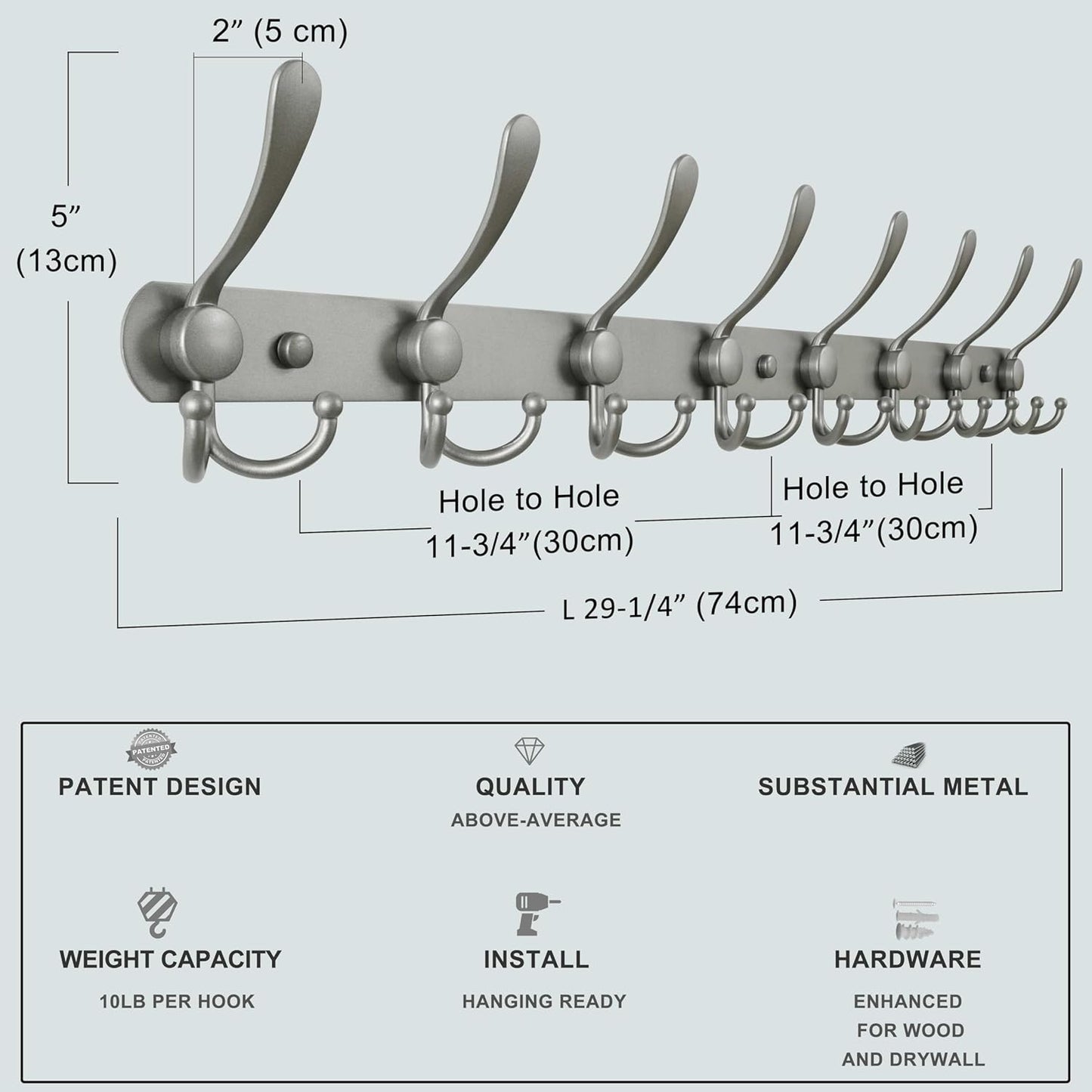 Dseap Coat Rack Wall Mount - 29.5” Long 8-Tri-Hooks Heavy Duty Coat Hanger Rail Wall Hooks for Hanging Coats Hats Clothing Clothes Purse Mudroom Entryway, Gray, Pack of 2