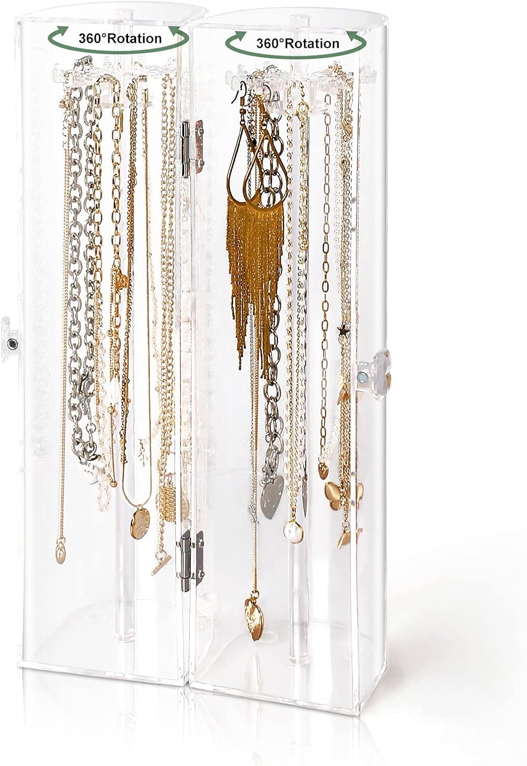 Acrylic Necklace Holder, Clear Necklace Organizer with 24 Hooks, Dustproof Rotation Jewelry Storage Holder Stand, Long Necklaces Pendant Bracelets Display Case for Dresser Bathroom Vanity Countertop