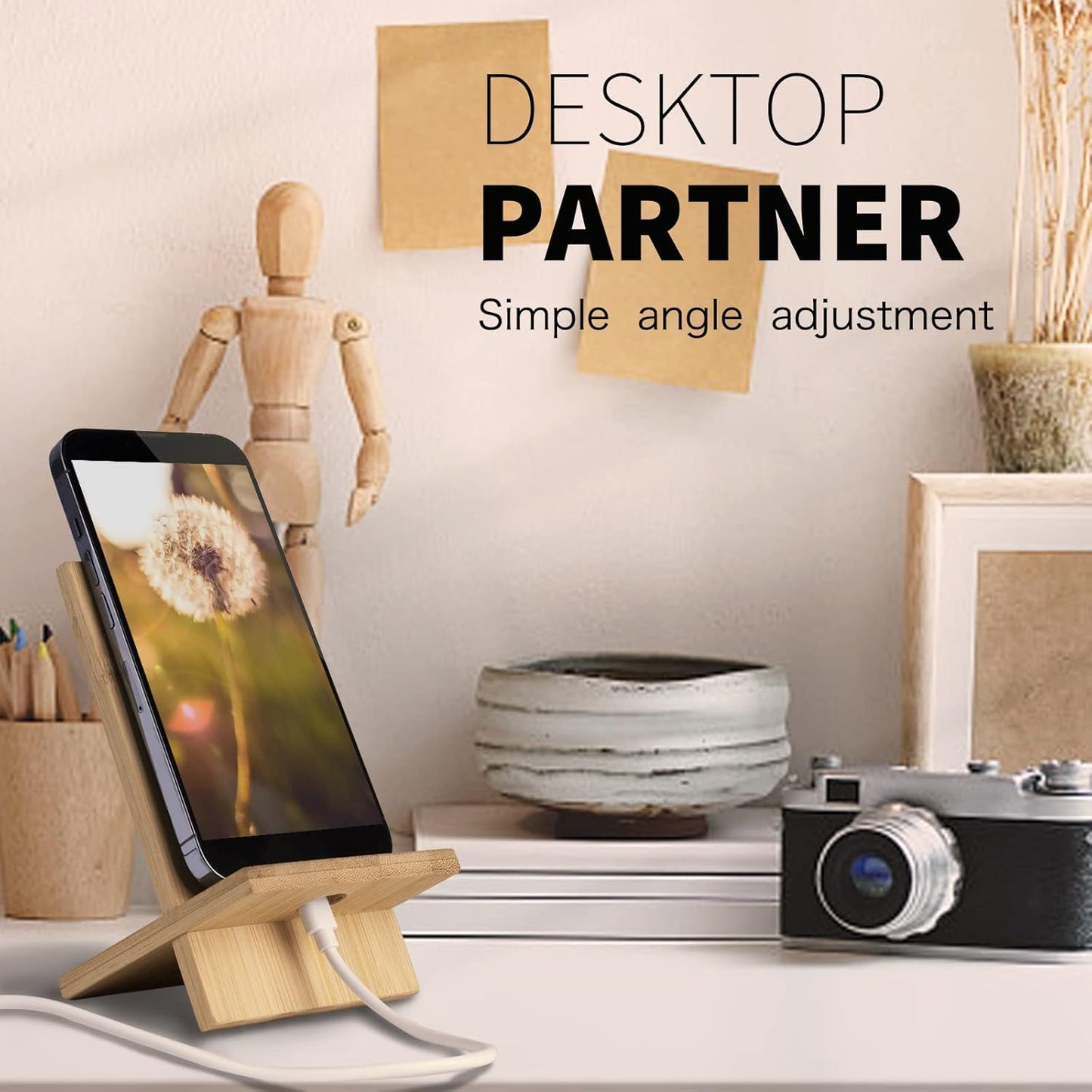 Bamboo Tablet Holder - Adjustable Folding iPad Stand with Charge Port for Desk or Cooking