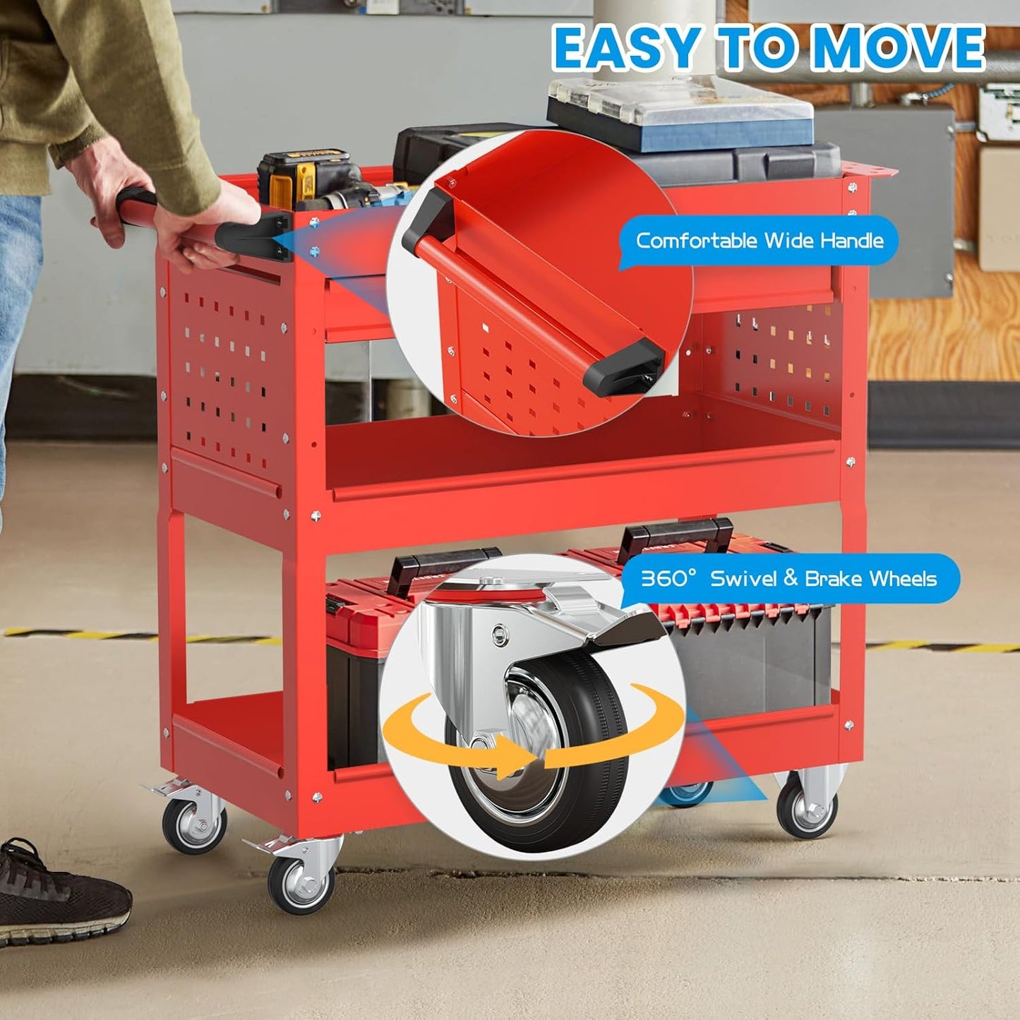 3 Tier Heavy Duty Tool Cart, Mechanic Metal Rolling Tool Cart 900 Lbs Work Carts with Locked Drawers & Pegboard for Garage Workshop