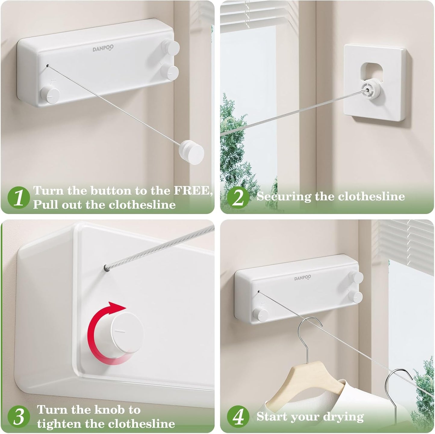 Danpoo Retractable Clothesline, 2x13.8ft Stainless Steel Clothes Line for Indoors/Outdoors, Wall-Mounted Laundry Drying with Auto-Lock, Heavy Duty(White)