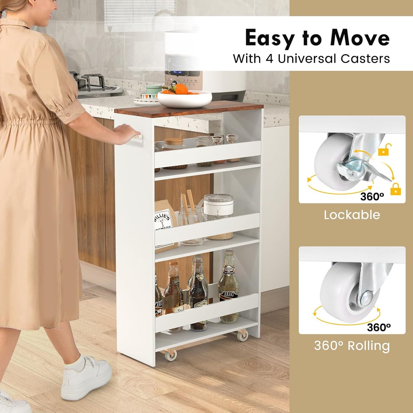 LOKO 4-Tier Rolling Storage Cart, 8 Inches Slim Kitchen Cart on Wheels with Open Shelves & Handle, Laundry Room Cart Between Washer and Dryer, for Bathroom Next to Fridge (White & Rustic Brown)