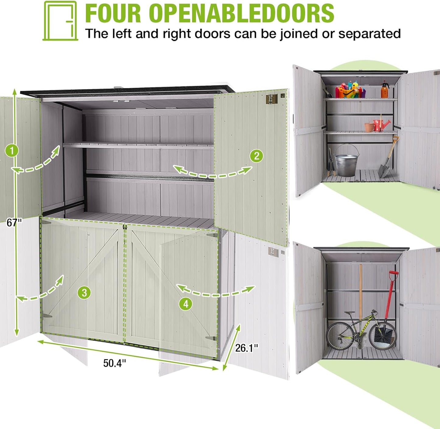GUTINNEEN Outdoor Storage Cabinet Durable Metal Frame and Solid Wood Vertical Tool Shed with 3 Adjustable Height Shelves and Bottom Floor for Patio, Garden, Backyard, 55" L x 29" W x 67" H