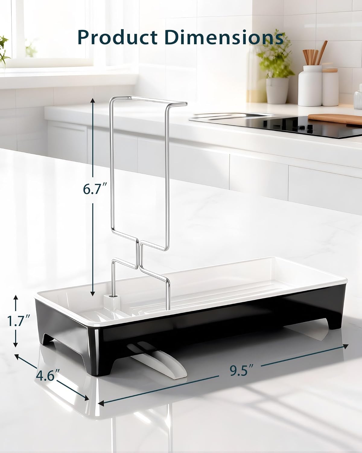 Ceramic-Look Sink Caddy, Rustproof Sponge Holder for Kitchen Sink with 304 Stainless-Steel Brush Holder, Countertop Rack Organizer with Raised Ridges & Silicone Drain Tube (Black)