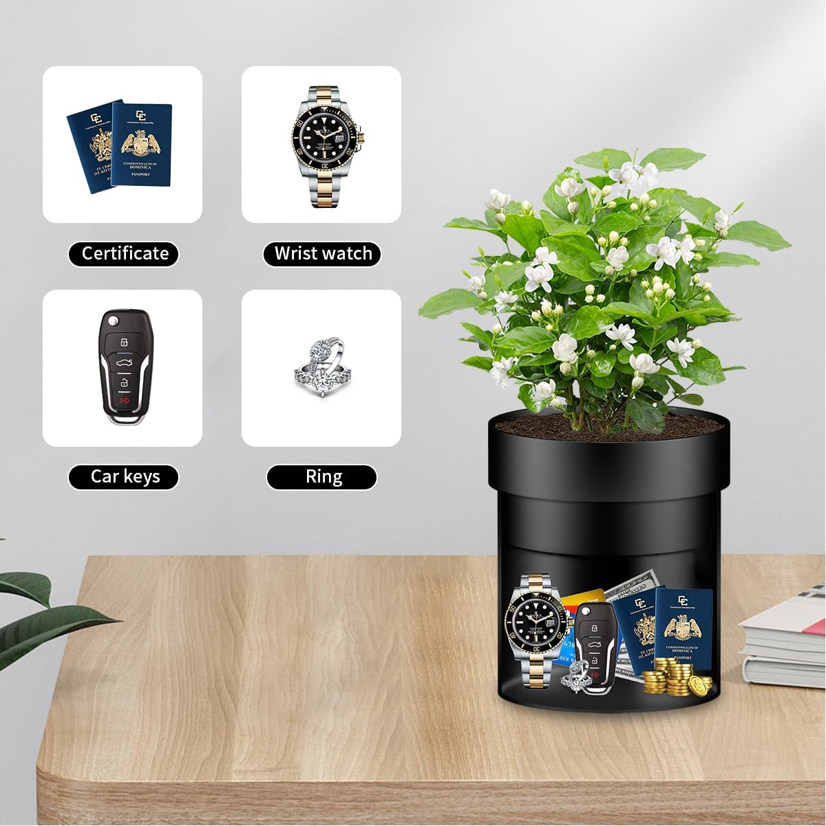 Sdstone 2pack Flower Pot Diversion Safe with Key Lock,Stainless Steel Secret Hidden Safe Lock Box,Disguised safe (Black) Plants Not Include