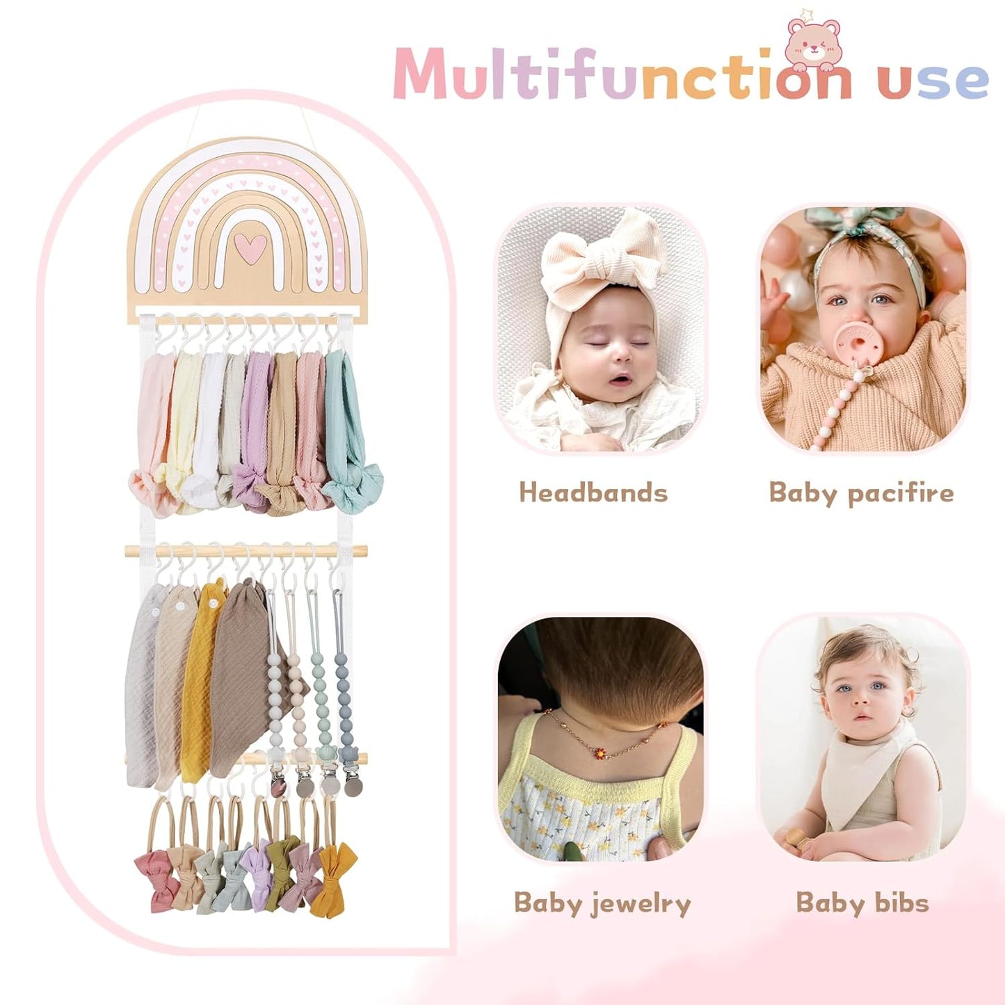 POVETIRE Headband Holder Bow Holder for Girls Hair Bows, Rainbow Hair Accessories Organizer Storage Wall Hanging Display for Baby Girl Nursery