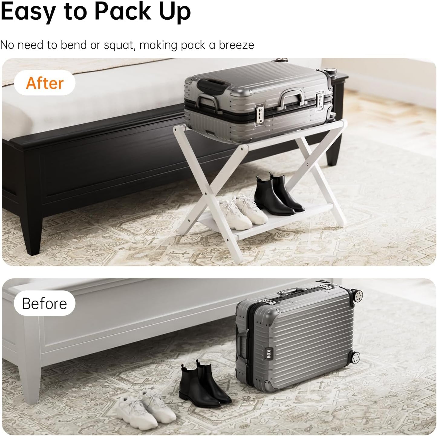 HITNET White Luggage Rack, Set of 2, Folding Suitcase Stand with Storage Shelf, Bamboo Luggage Holder with 5 Nylon Straps for Guest Room Bedroom Hotel