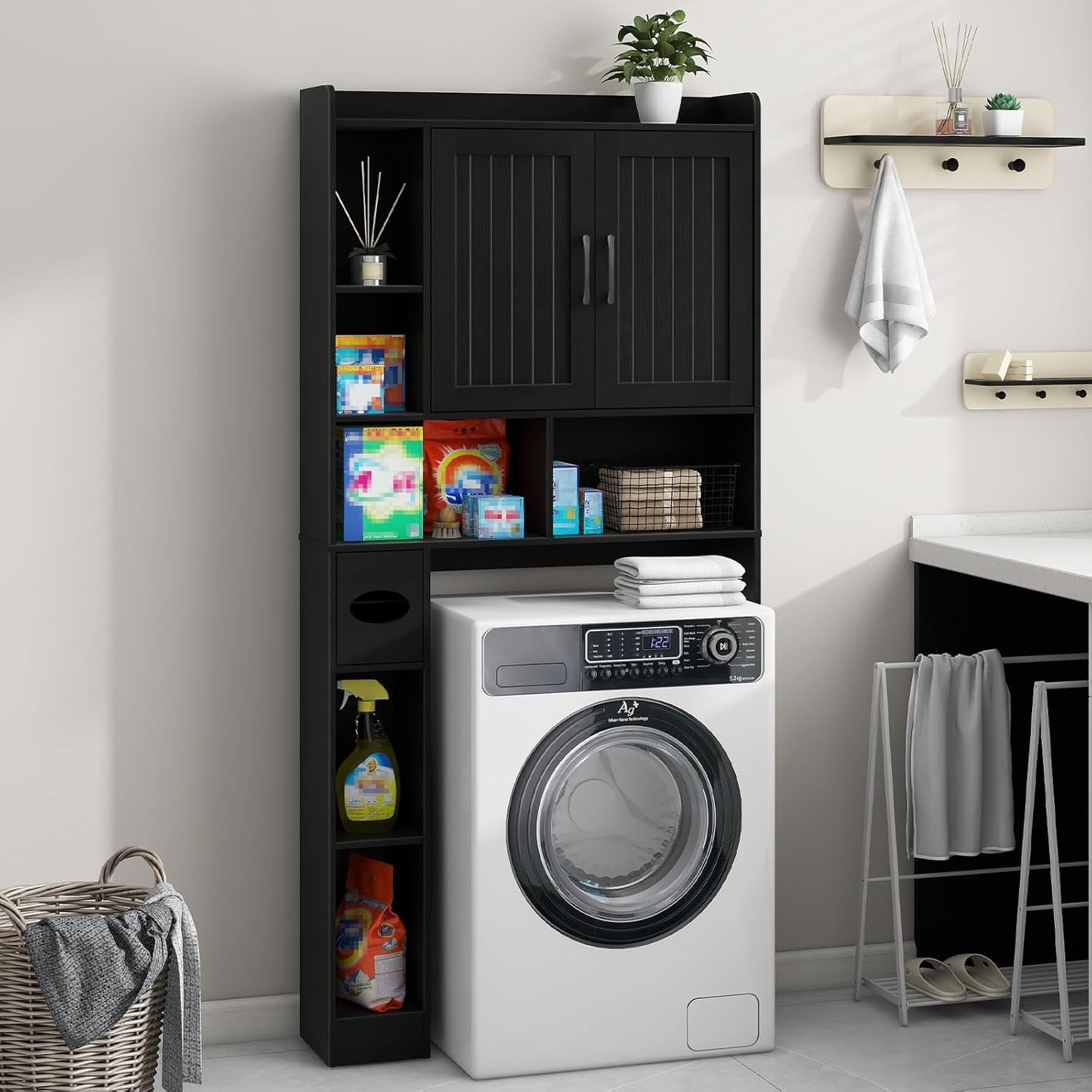 Vabches Over The Toilet Storage Cabinet, Farmhouse Storage Cabinet Over Toilet with Barn Door, Home Space-Saving Toilet Rack, for Bathroom, Restroom, Laundry(Black).