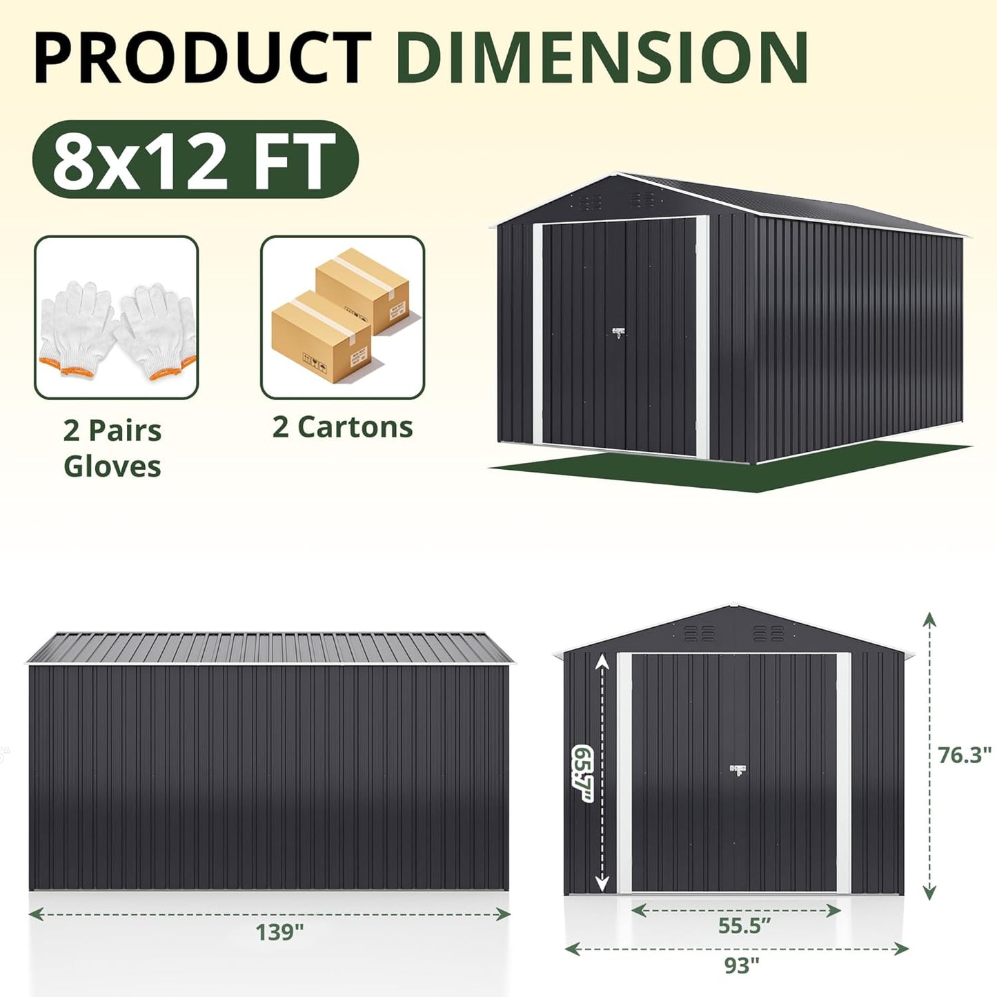 8x12 FT Outdoor Storage Shed, Garden Shed with Updated Frame Structure and Lockable Doors, Metal Tool Sheds for Backyard Garden Patio Lawn, Grey