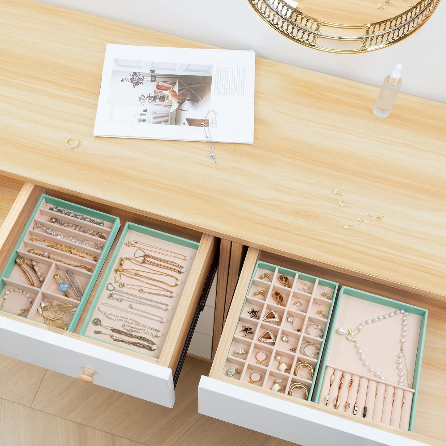 ProCase Stackable Jewelry Organizer Trays for Drawers, Jewelry Drawer Inserts Container Display Case Storage for Earring Necklace Rings Bracelet with Removable Dividers -Mint, 4 Layers