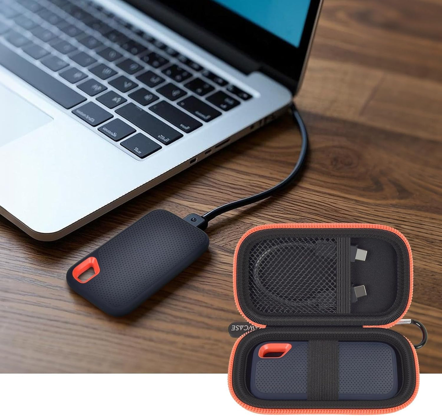 Hard Case Compatible with SanDisk 1TB 2TB 4TB 500GB 8TB Extreme Portable SSD - Up to 1050MB/s - External Solid State Drive. Carrying Travel Holder for USB Cables -Black and Orange Zipper (Bag Only)