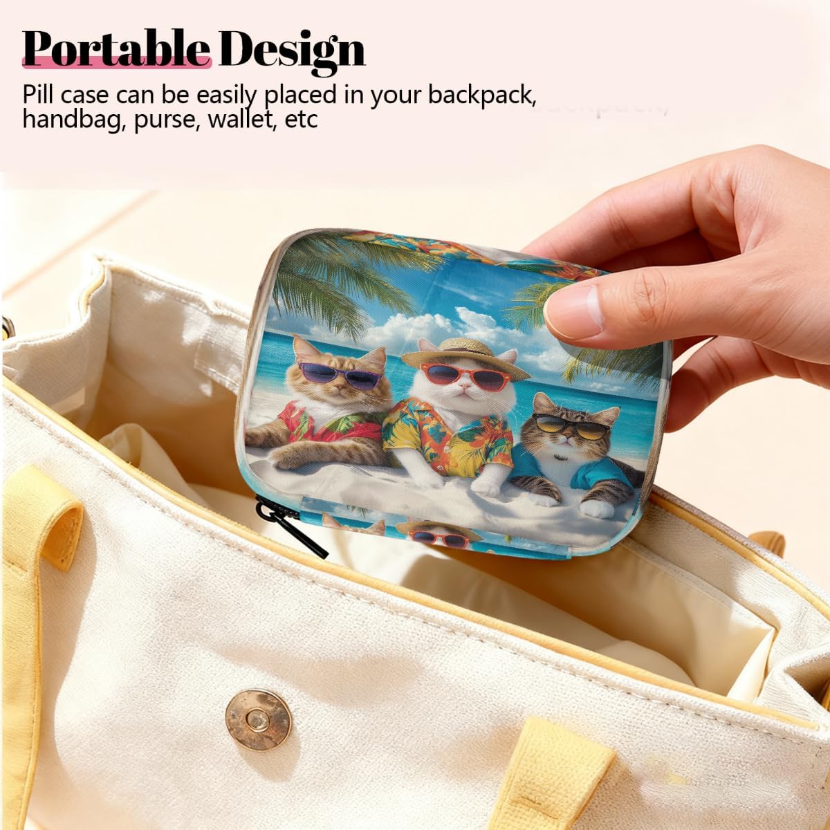 Cool Cats Summer Beach Pill Organizer Travel Medicine Case with Zipper Daily Vitamin Storage Bag Portable 8 Slot Weekly Pill Box Supplement Holder for Home Office Gym Travel