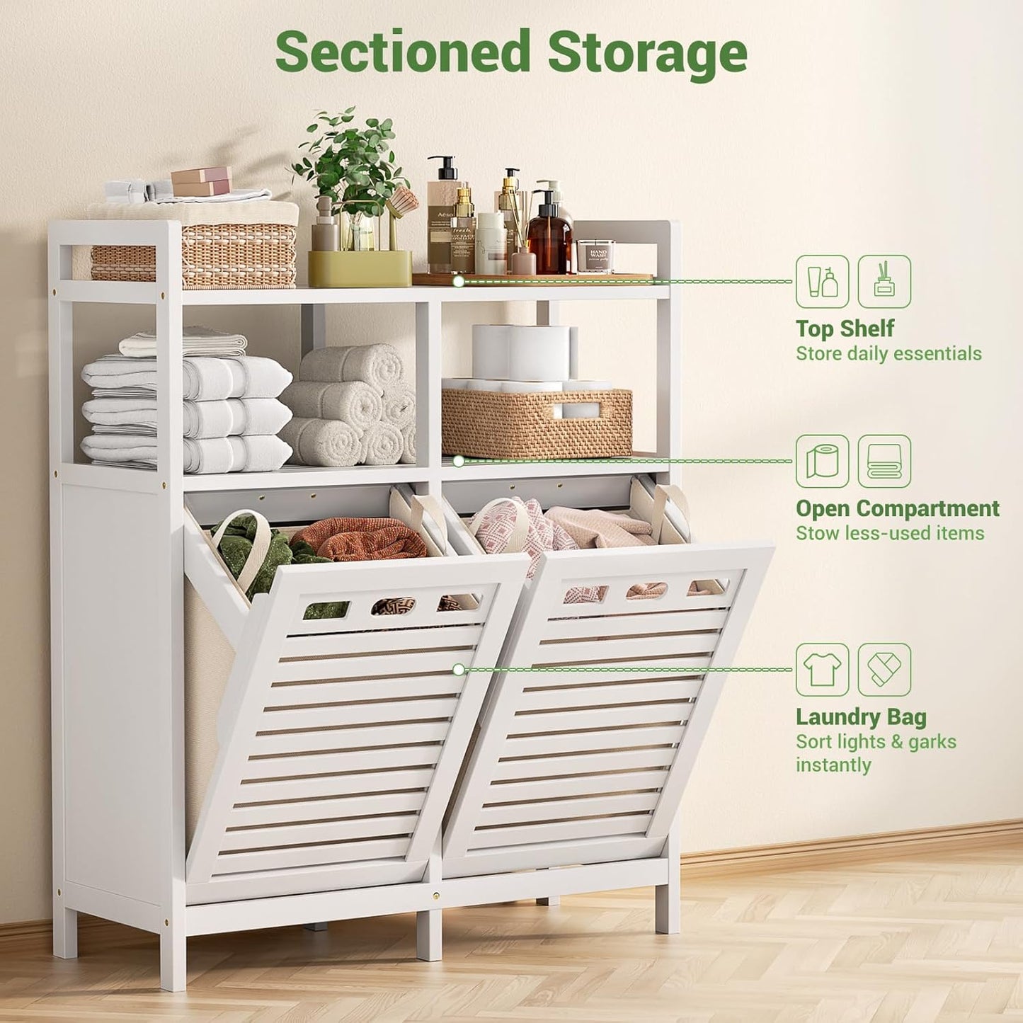 Homykic Tilt Out Laundry Hamper Cabinet, Bamboo Double Laundry Hamper with 2 Removable Laundry Baskets, 20 Gal Laundry Sorter Organizer with Shelf for Dirty Clothes, Bathroom, Laundry Room, White