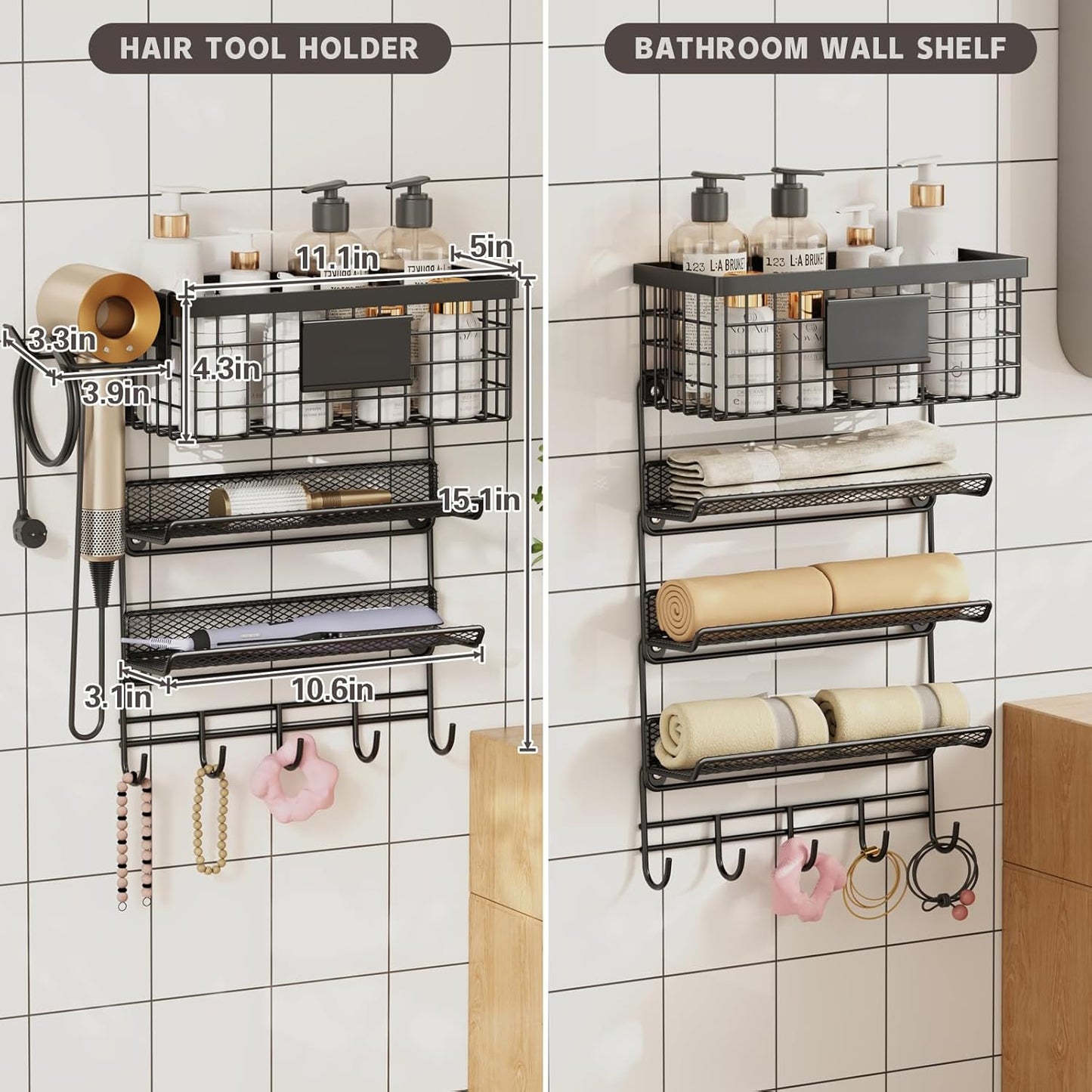 Hair Dryer Holder Wall Mounted, Adheisve Hair Styling Tool Organizer for hair Brush/Appliance Wall Mount with 4 Tier Shelf Basket Hooks Blow Dryer and Straightener Holder for Bathroom(Black)