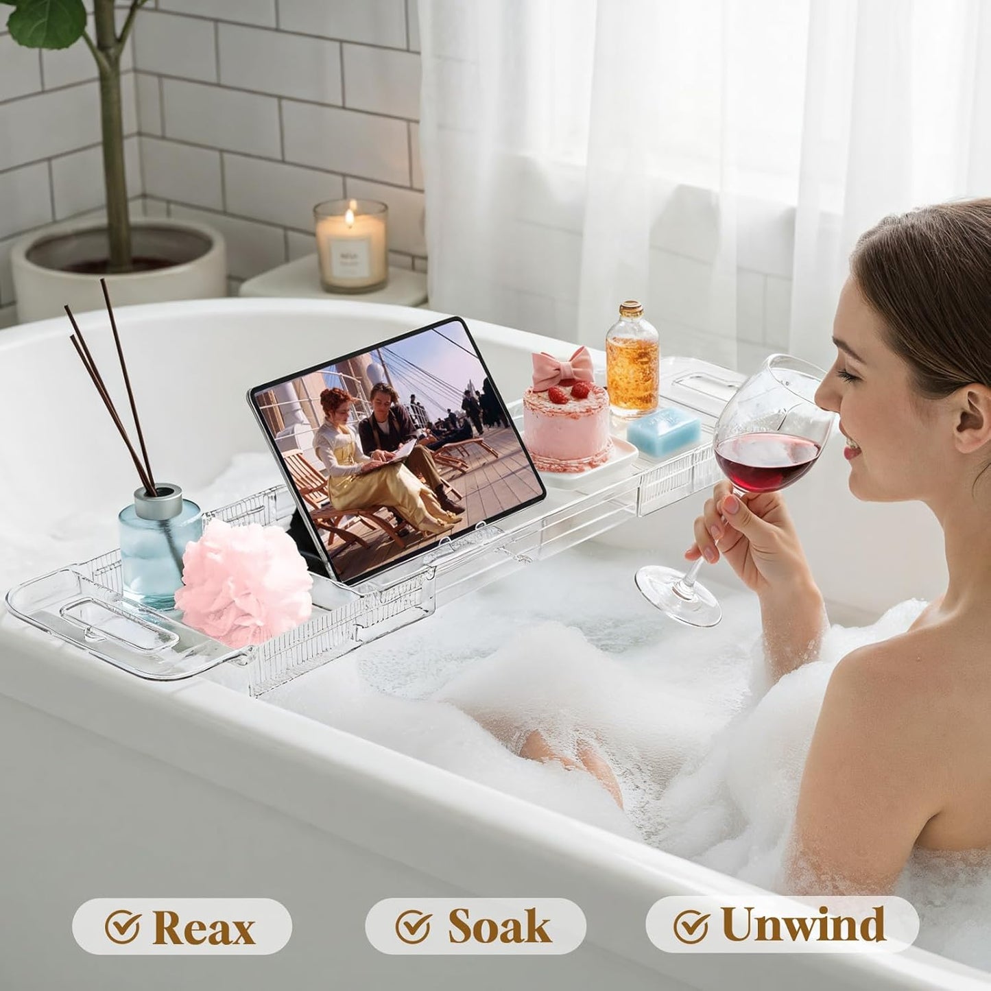 Expandable Clear Acrylic Bathtub Tray Caddy, Foldable Tub Bath Tray with Drain Slots, Slip-Resistant Waterproof Bathroom Organizer & Home Spa Gift for Women