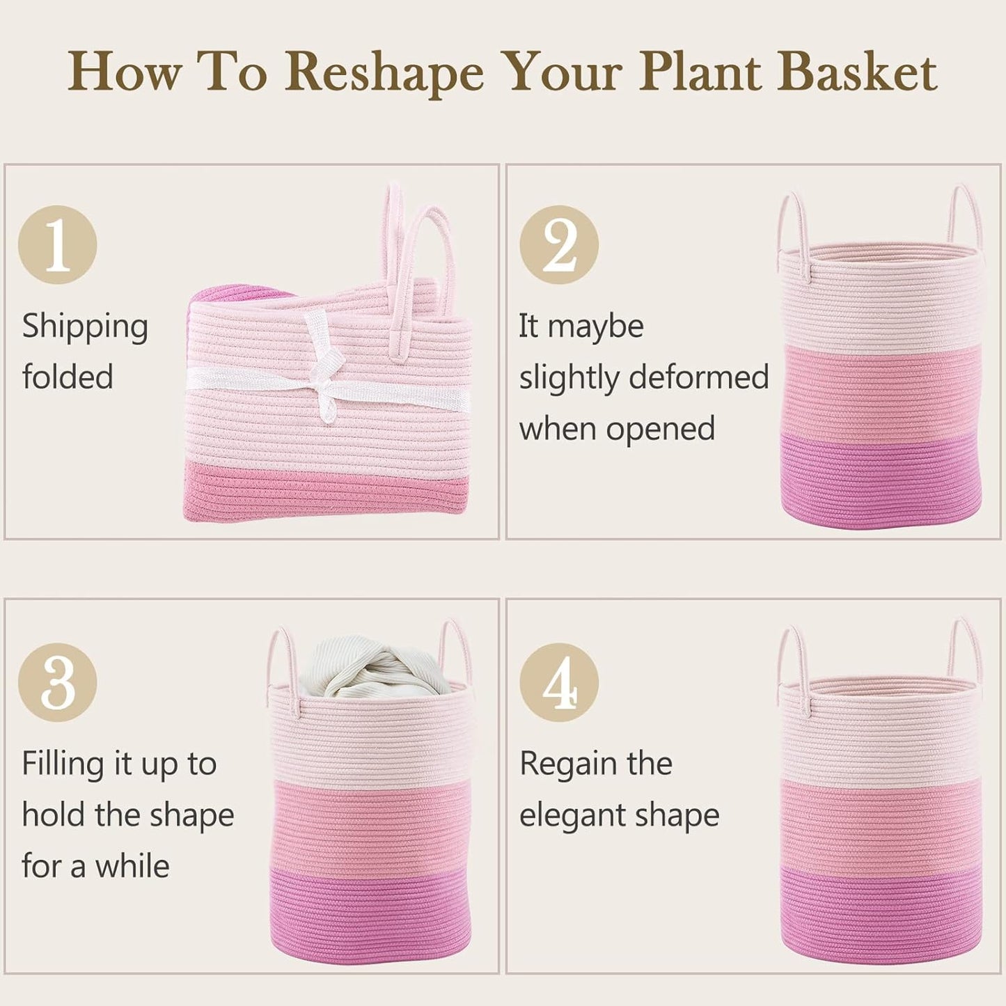YOUDENOVA Woven Rope Laundry Hamper Basket, 58L Tall Luandry Basket, Baby Nursery Hamper for Blanket Storage, Clothes Hamper for Laundry in Bedroom-Large-Pink