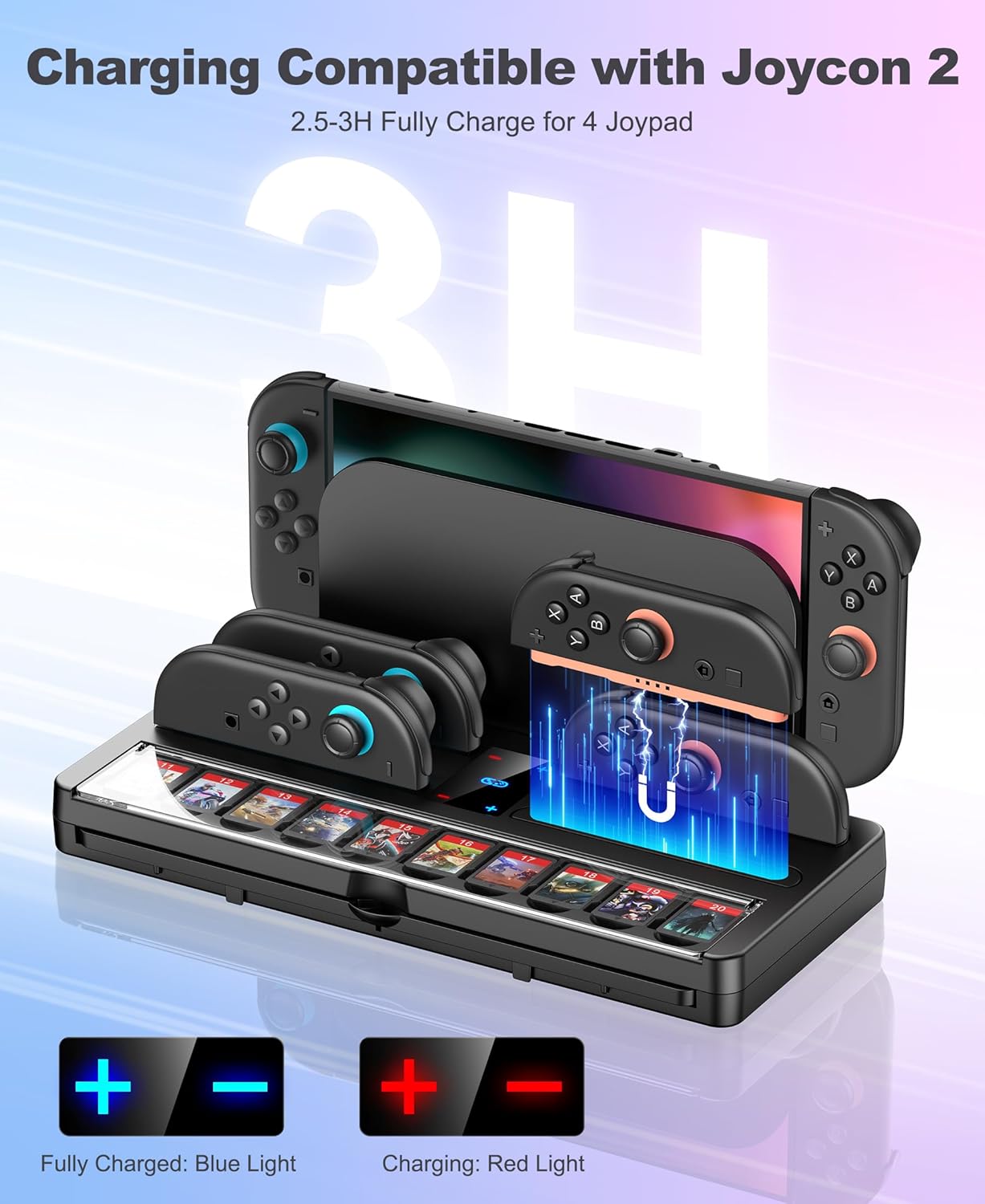 25 Slots Switch 2 Charging Organizer Joycon 2 Controller Storage Compatible with Nintendo 2 Accessories w Extended USB C Cable & LED Indicator (M-Charging Organizer w Joystick Covers)