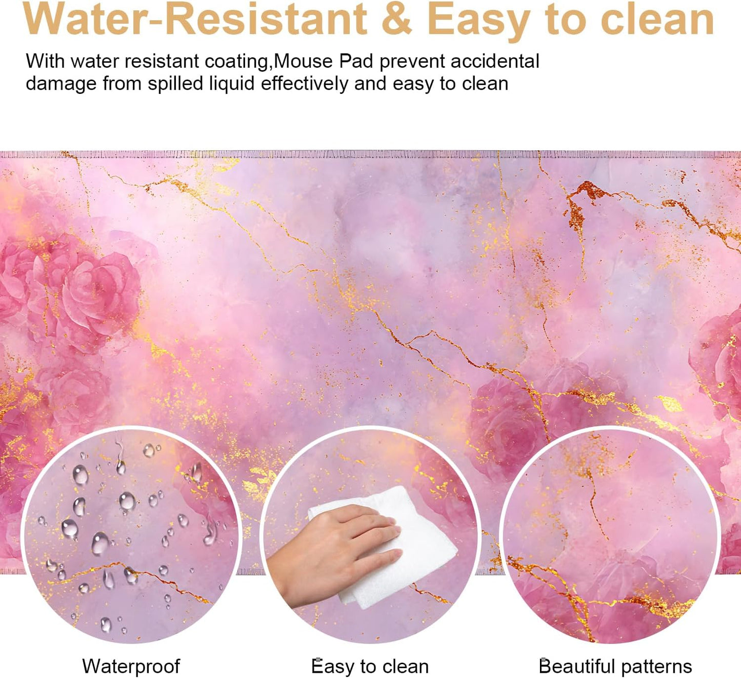 Elegant Pink Rose and Gold Marble Mouse Pad –35.43" x 15.75" Extended Desk Mat with Abstract Floral Design – Luxurious Non-Slip Surface for Office & Home Decor
