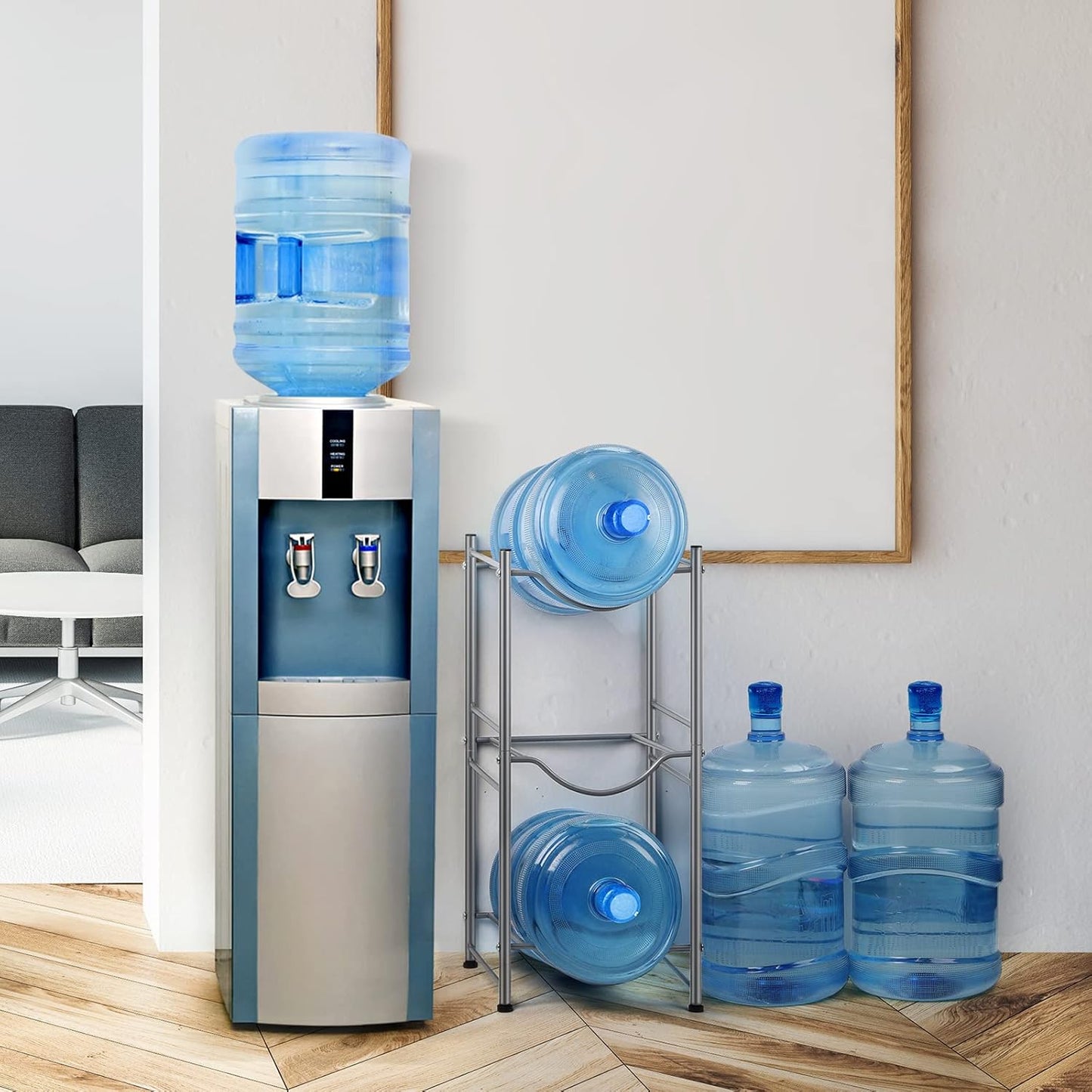 smusei 5 Gallon Water Bottle Holder Water Cooler Jug Rack for 3 Bottles Storage Detachable Heavy Duty Water Jug Organizer Stand for Home Office Kitchen Silver