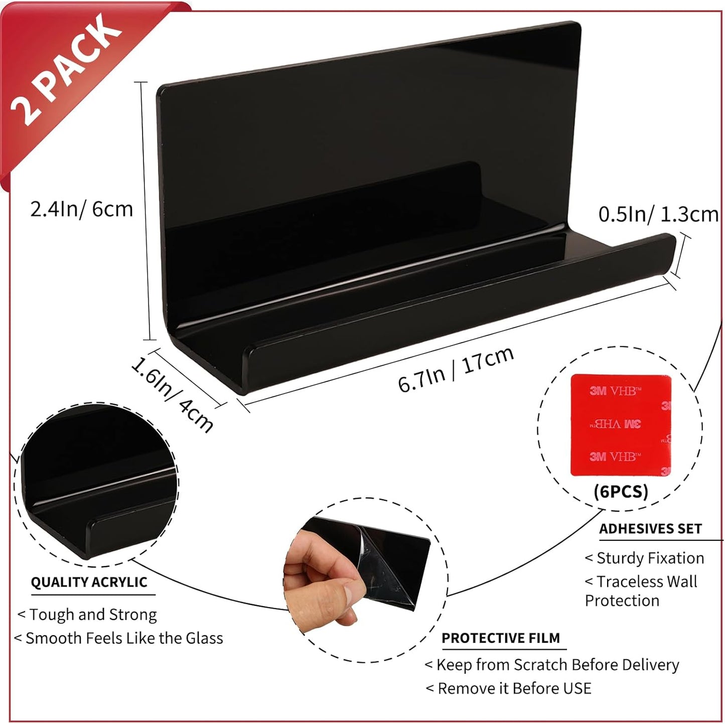 2pcs Adhesive Tablet Wall Mounted Phone Shelf Acrylic Stick On Shelves,Bedroom Wall Mount Floating Shelves for Tablet,eReader,Cell Phone Holder for Bathroom,Dorm Bedside Shelf(Black)