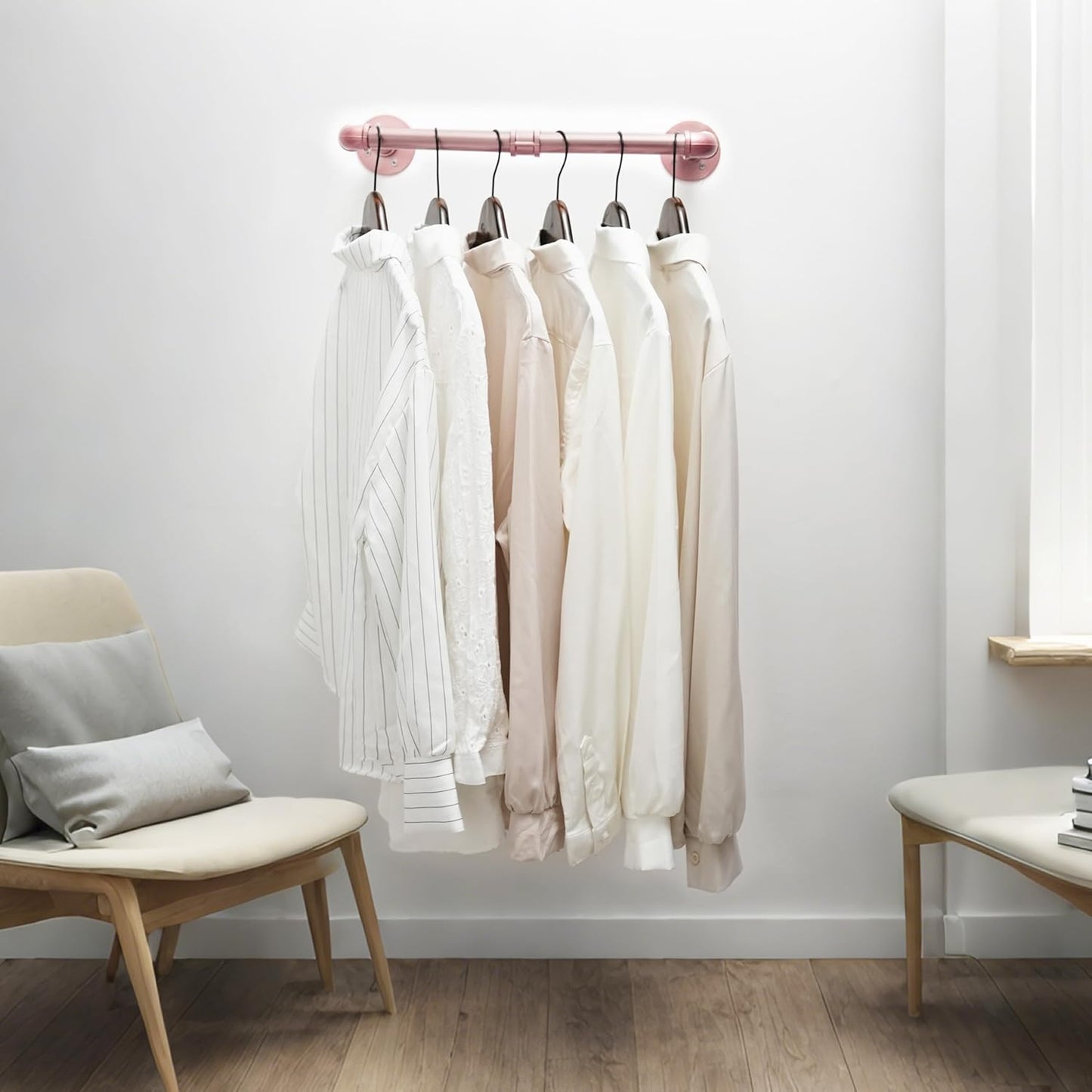 WEBI Industrial Pipe Clothing Rack,20" Wall Mounted Clothes Rack for Hanging Clothes,Heavy Duty Metal Garment Rack Bar Wall Mount Clothing Rod for Closet,Laundry Room,Rose Gold