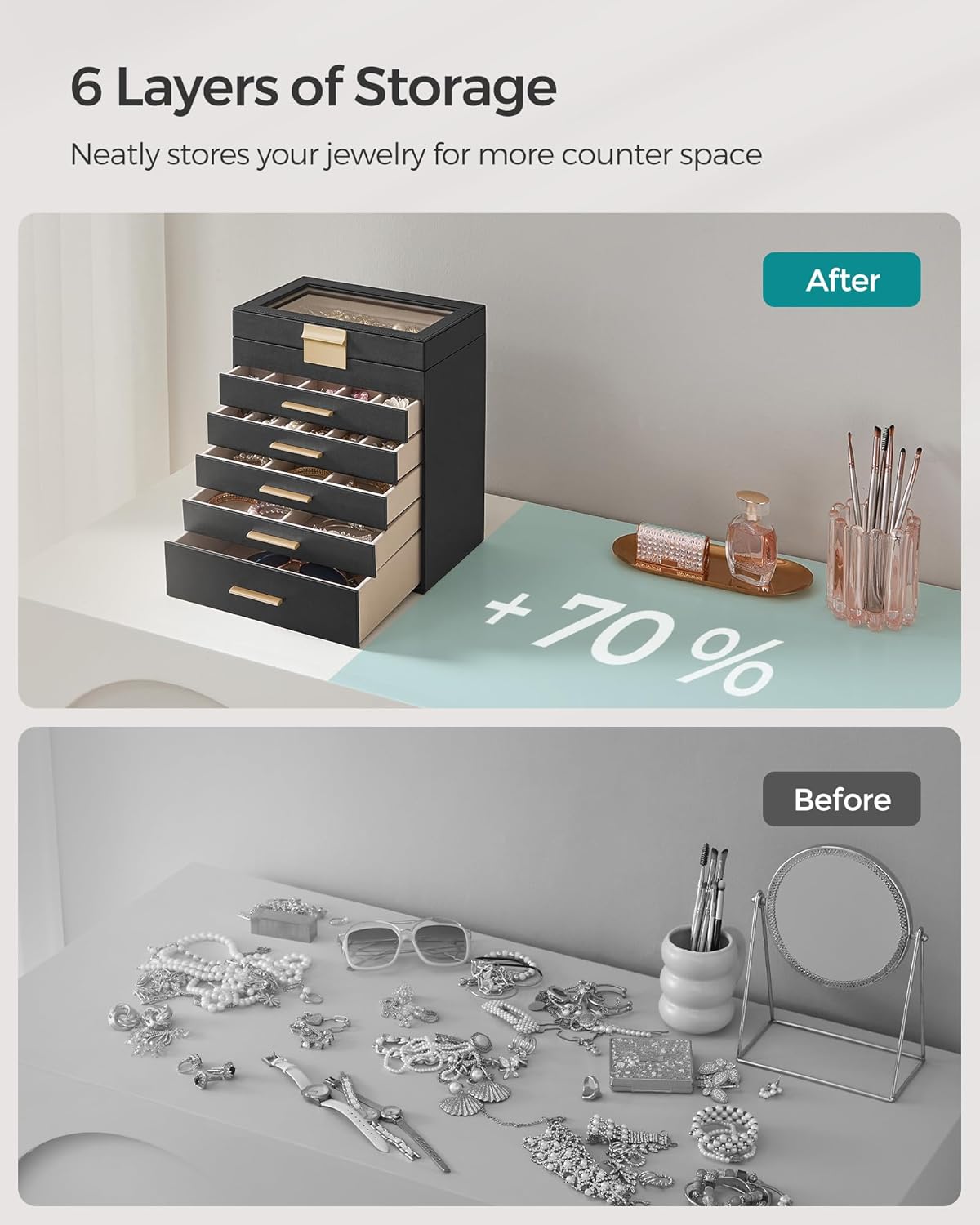 SONGMICS Jewelry Box Organizer with Glass Lid, 6-Layer Jewelry Storage, with 5 Drawers, Modern Style, Christmas Gift, 6.4 x 9.9 x 11.4 Inches, Graphite Black and Gold Color UJBC171B01