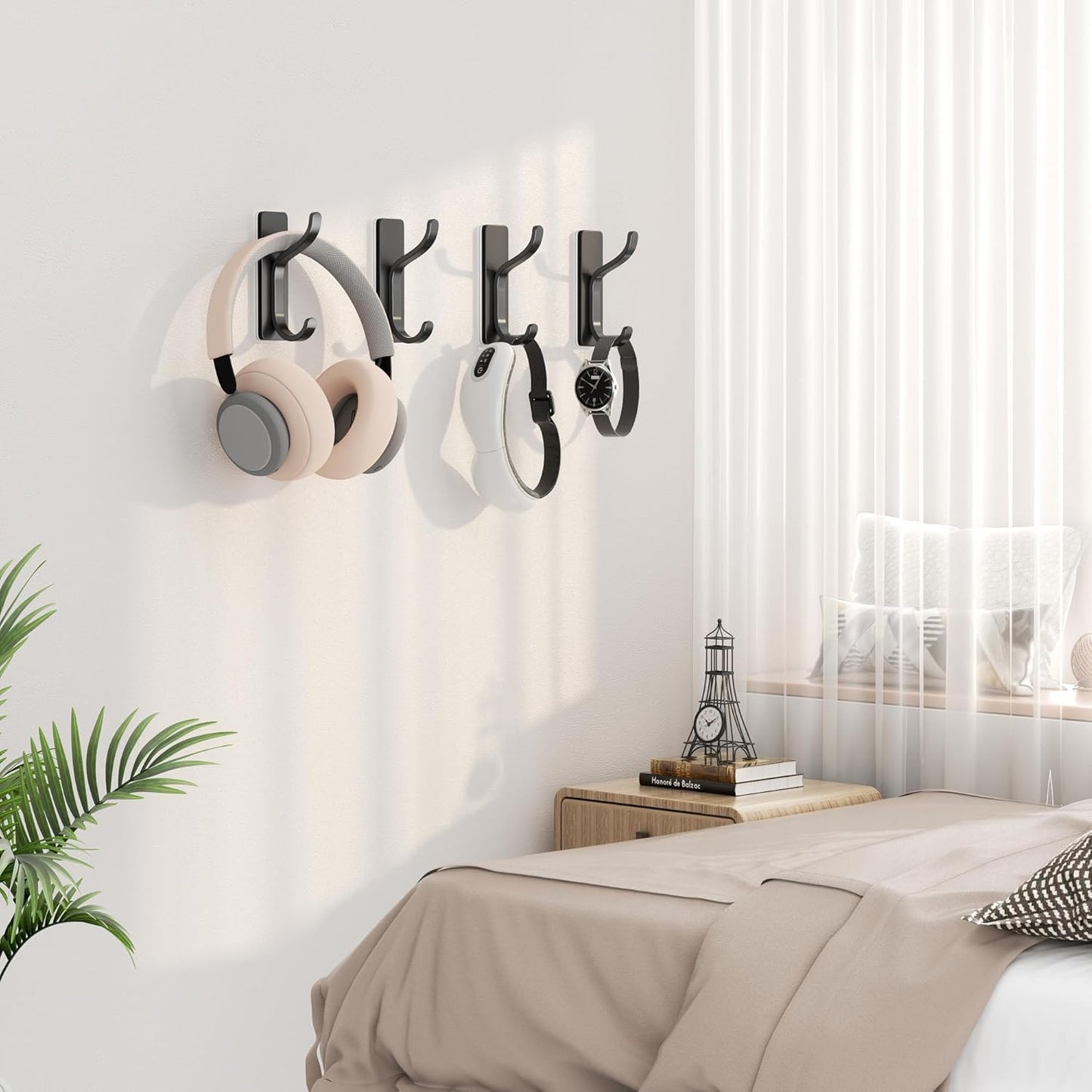 pickpiff 10-Pack Black Adhesive Wall Hooks - 13 LB Strong Stick-On Hooks for Hanging Towels, Coats, Shower & Kitchen Use