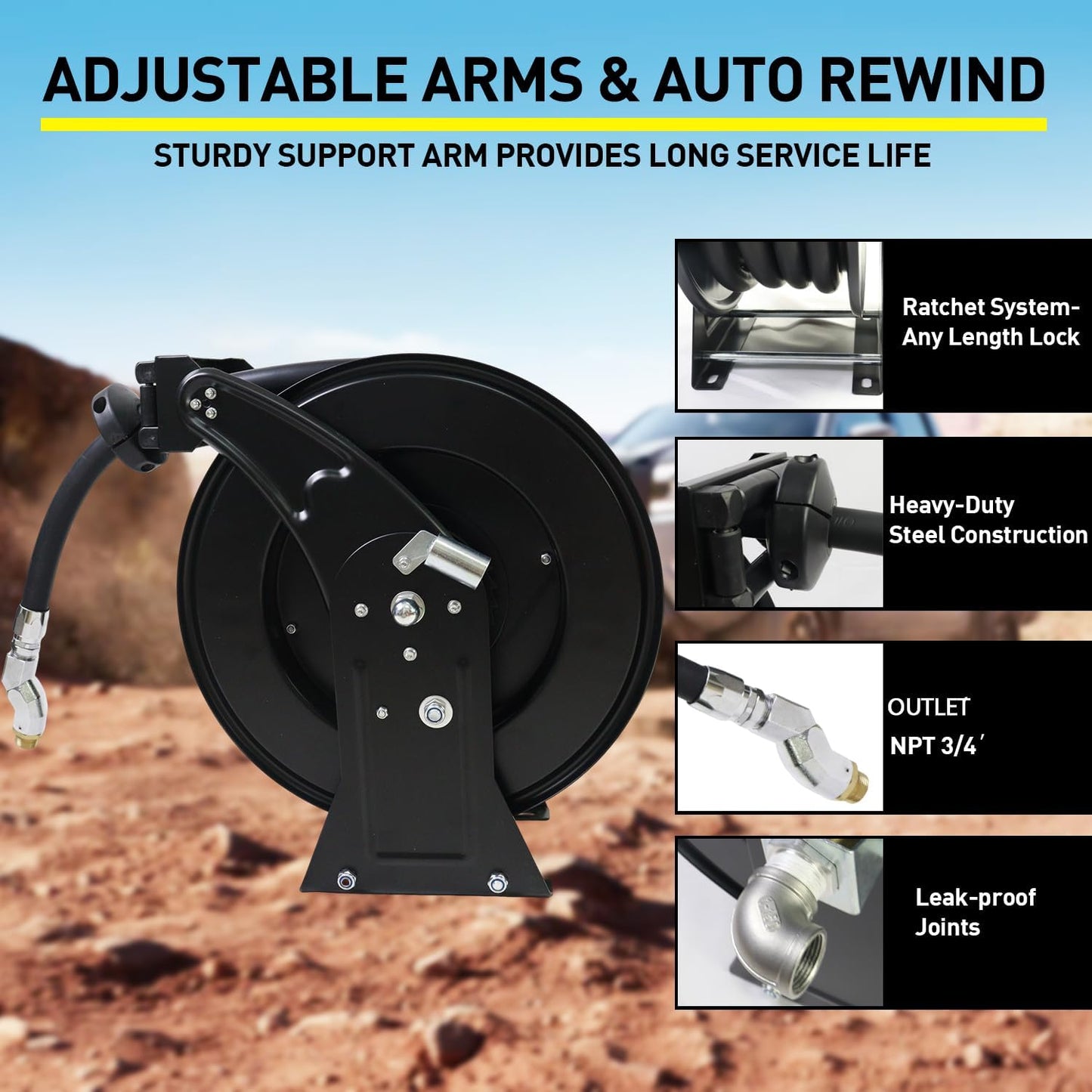 Fuel Hose Reel,3/4"X50' Retractable Ratchet Spring Driven Diesel Hose Reel,360 Rotating Fuel Hose Swivel,AUTO Fuel Nozzle,SS304 Elbow Pipe,Barb Fitting,300 PSI,Swivel Steel Construction Reel