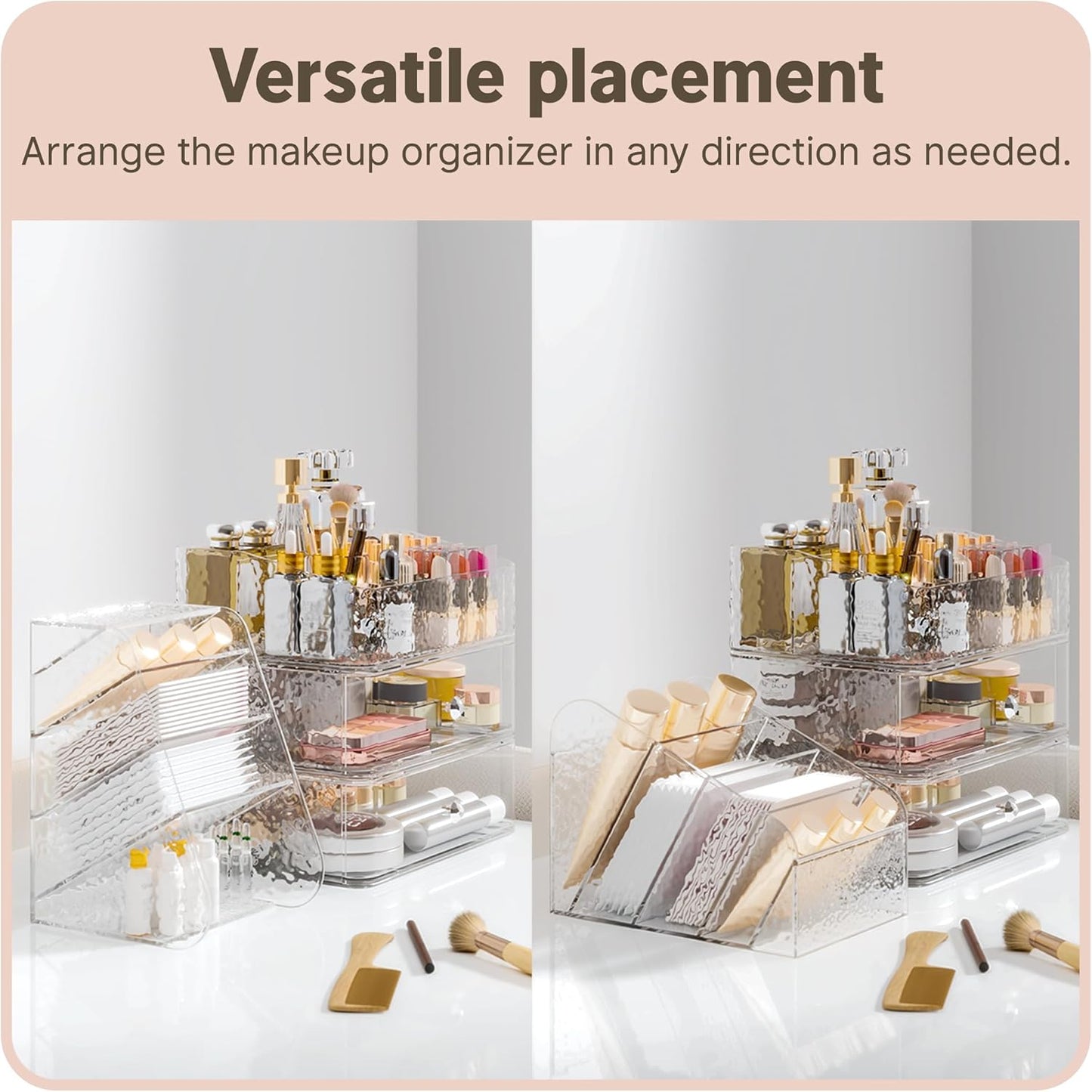 Makeup Organizer with Brush Holder Plastic Makeup Drawers For Vanity Clear Stackable Storage Case Makeup Organizer For Skincare, Brushes, Lipstick, Nail Polishes, Perfumes, Eyeshadow Palettes