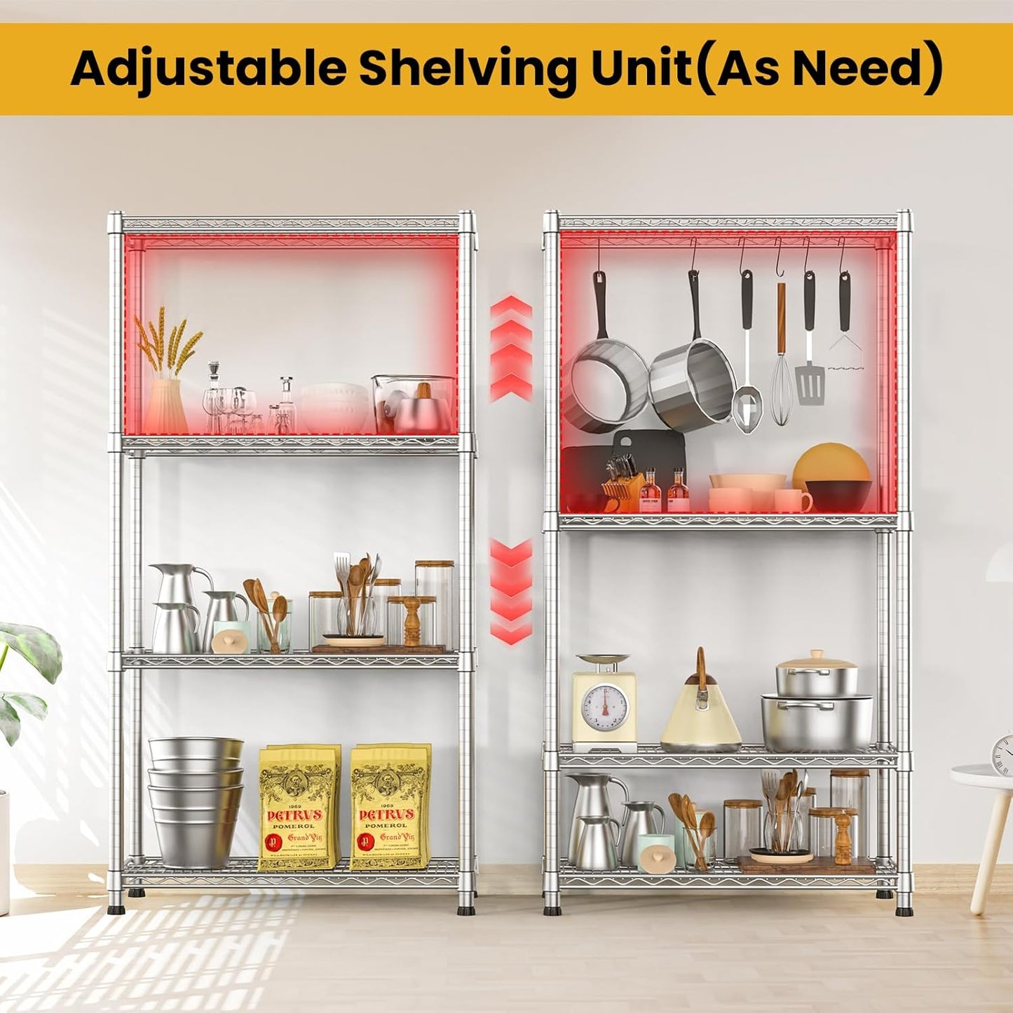 Metal Shelving Unit 4 Tier Storage Shelves Rack Metal Shelf Adjustable Wire Shelving Units Storage Shelving Heavy-Duty 2200 LBS rganizer for Pantry Garage Laundry Bathroom Kitchen Closet Utility Room